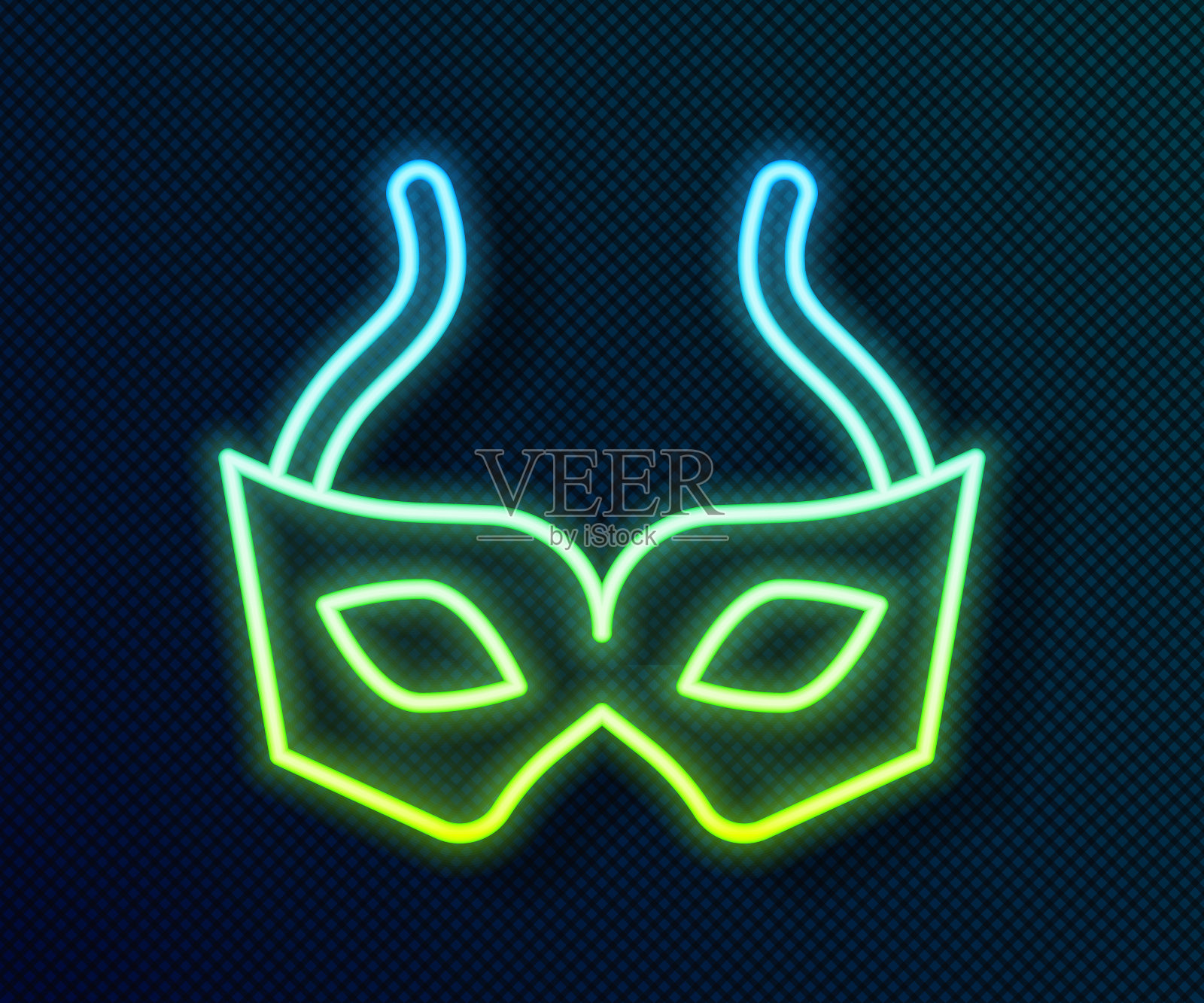 黑色背景上的霓虹光晕节日面具图标，圣诞快乐新年快乐矢量插画图片素材