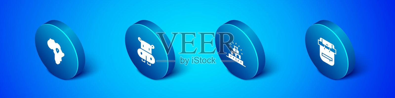 集非洲等距地图，奇琴伊察在玛雅，徒步背包和河马或河马的图标。向量图标素材