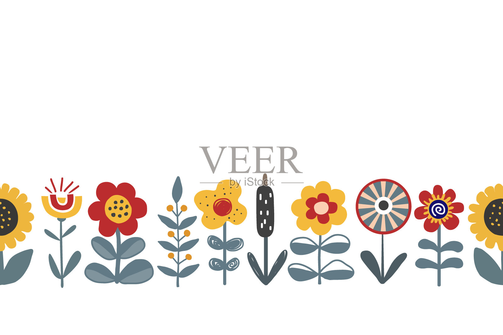 可爱的手绘花朵无缝图案。美丽的花坛边界在斯堪的纳维亚或乌克兰风格。设计纺织品，问候，壁纸，瓷砖，卡片。矢量插图。插画图片素材