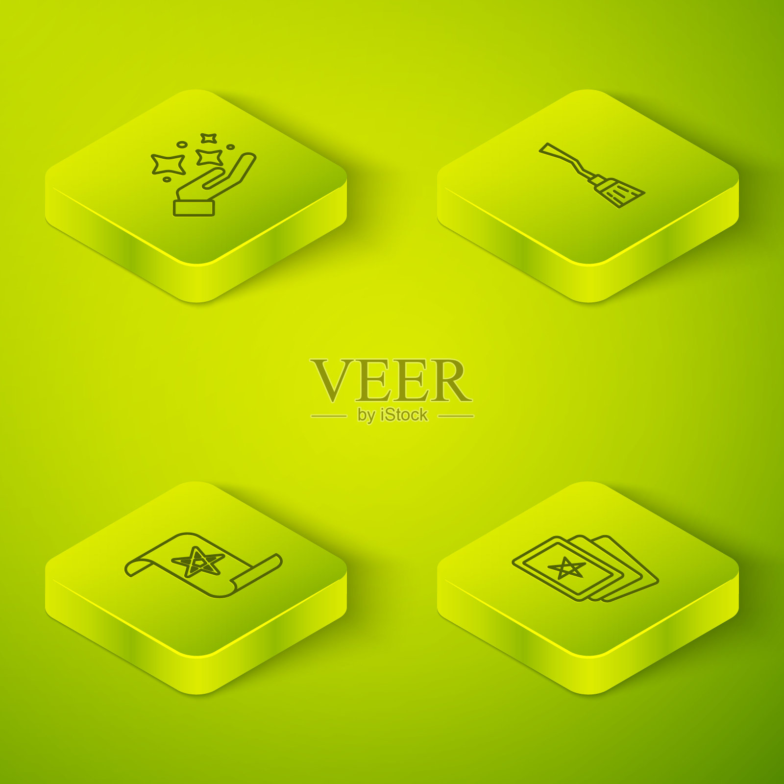 集等距线女巫扫帚，古老的魔法书，三塔罗牌和闪耀的星星与魔术图标。向量图标素材