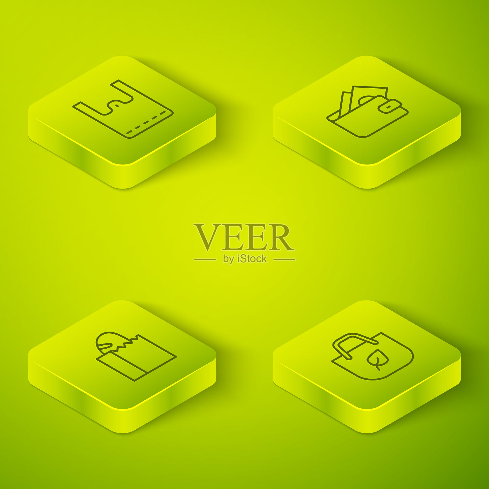 集等距线钱包与钱，纸袋面包，购物回收和购物图标。向量图标素材