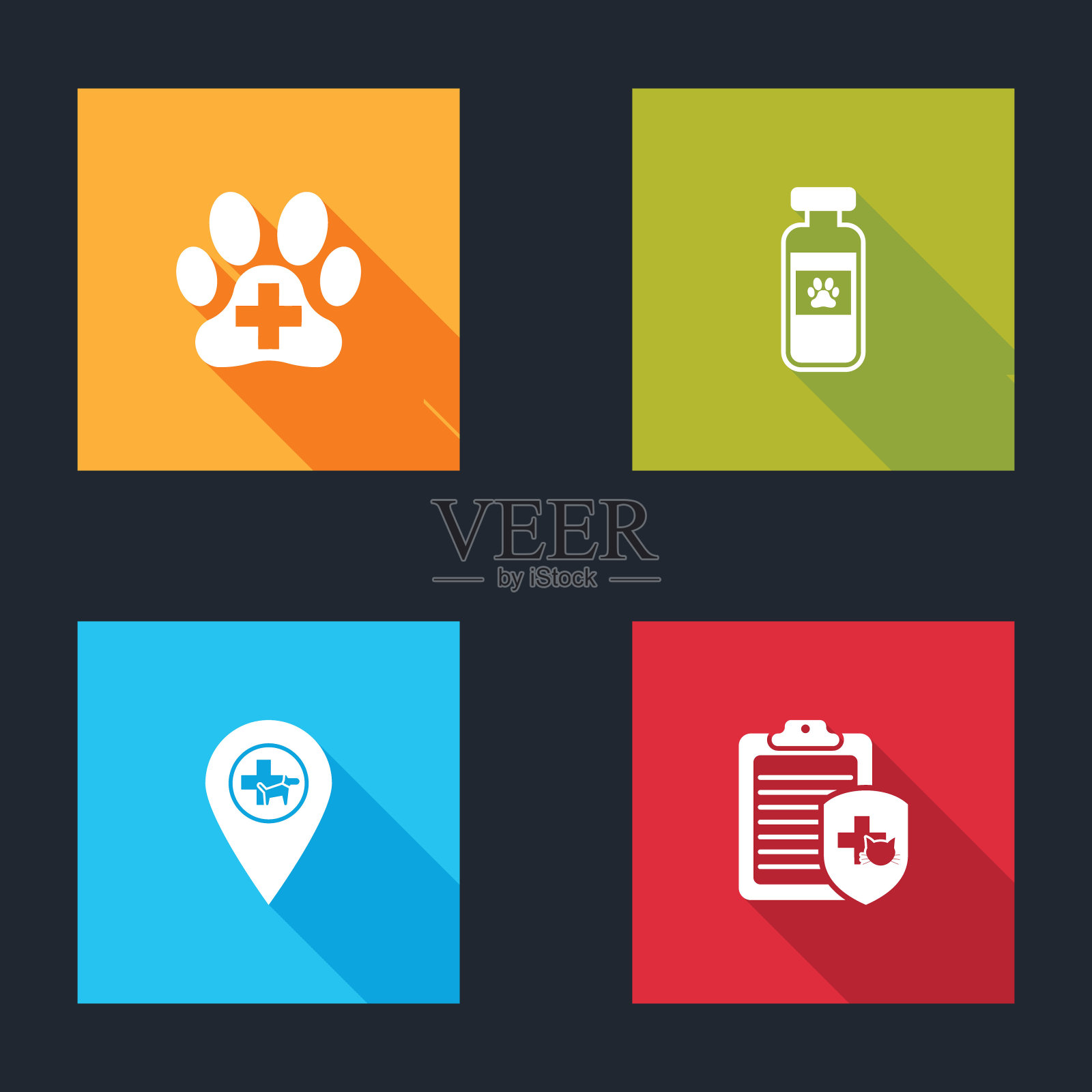 设置兽医诊所，宠物瓶医疗，位置兽医和临床记录宠物图标。向量图标素材