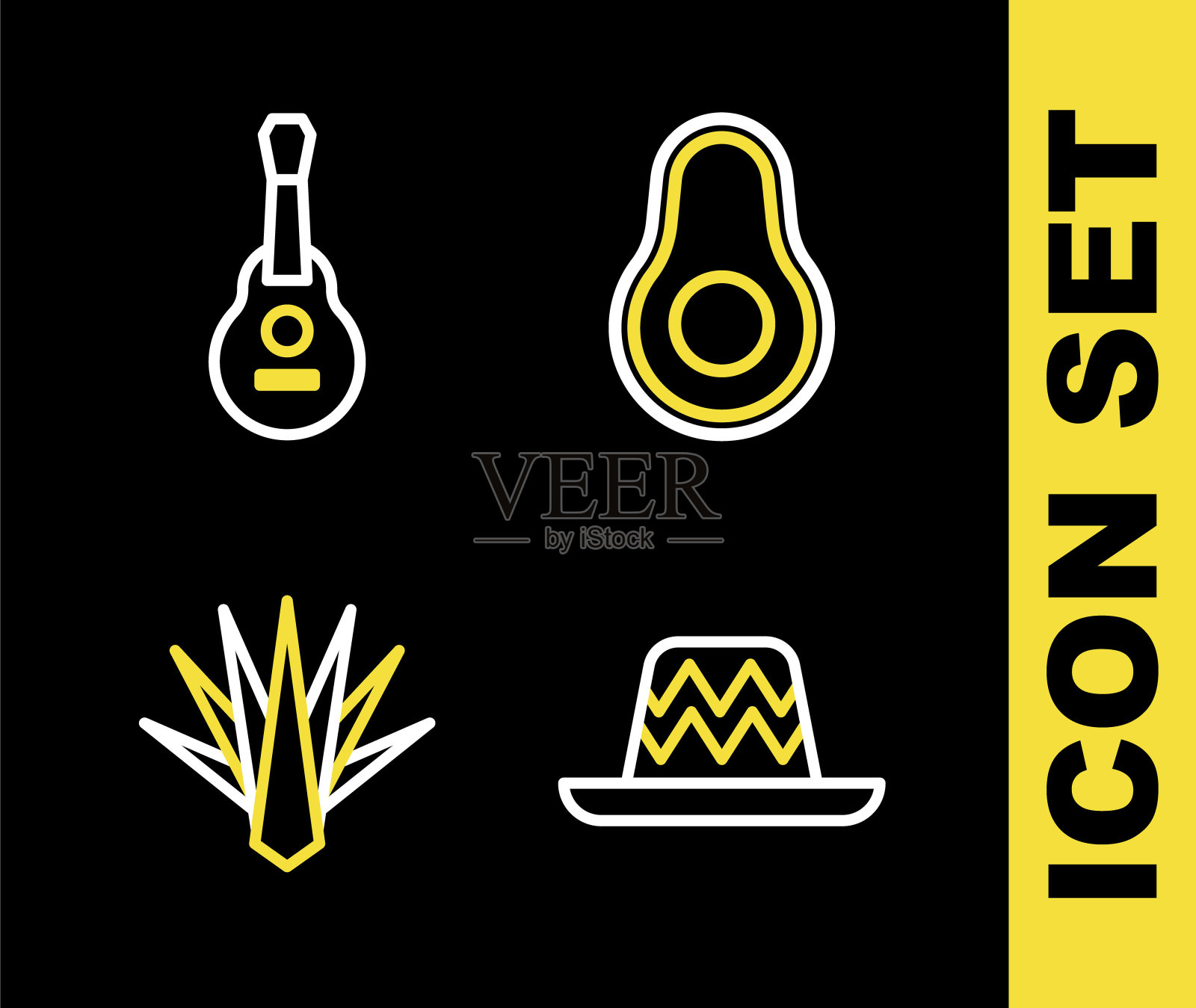 设置线鳄梨水果，墨西哥宽边帽，龙舌兰和吉他图标。向量图标素材