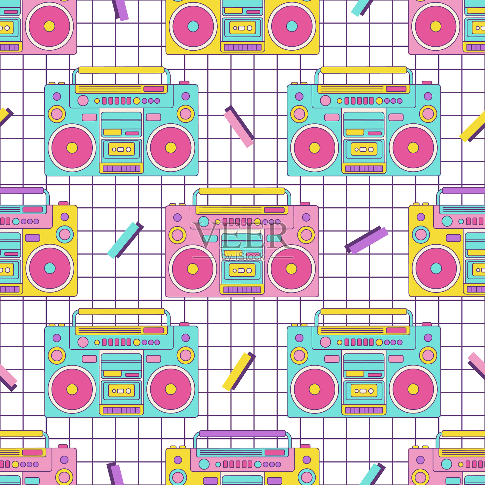 复古boombox复古无缝图案80年代90年代几何形状在方格背景上的80年代风格插画图片素材
