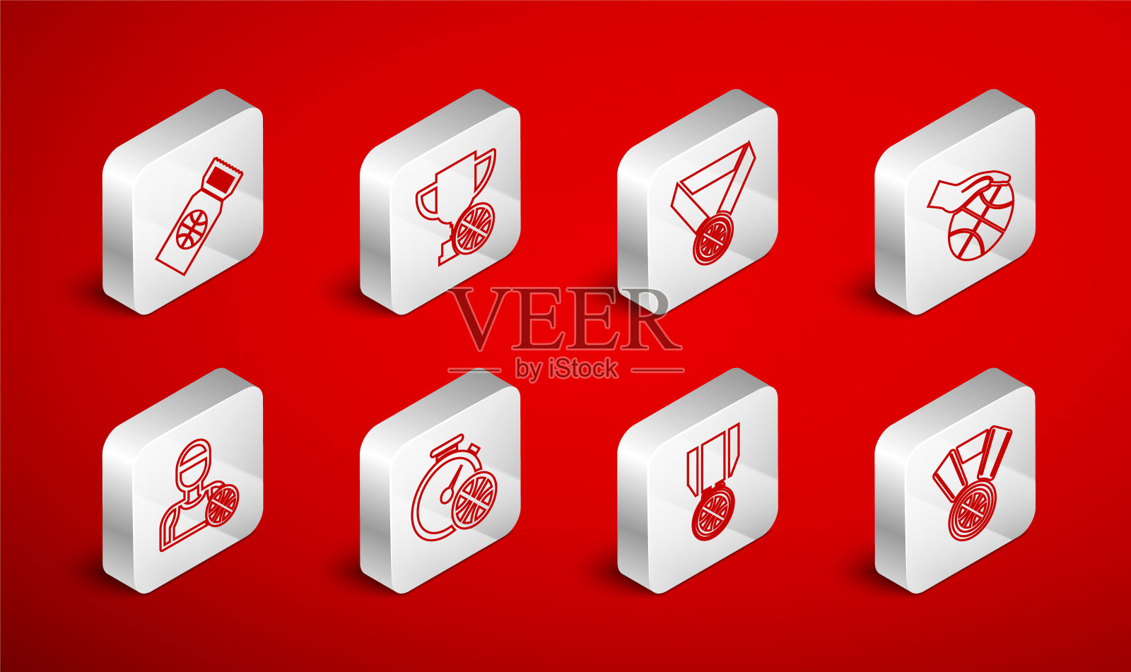 设置线篮球奖章，奖杯与篮球，手，比赛门票，秒表和球员图标。向量插画图片素材