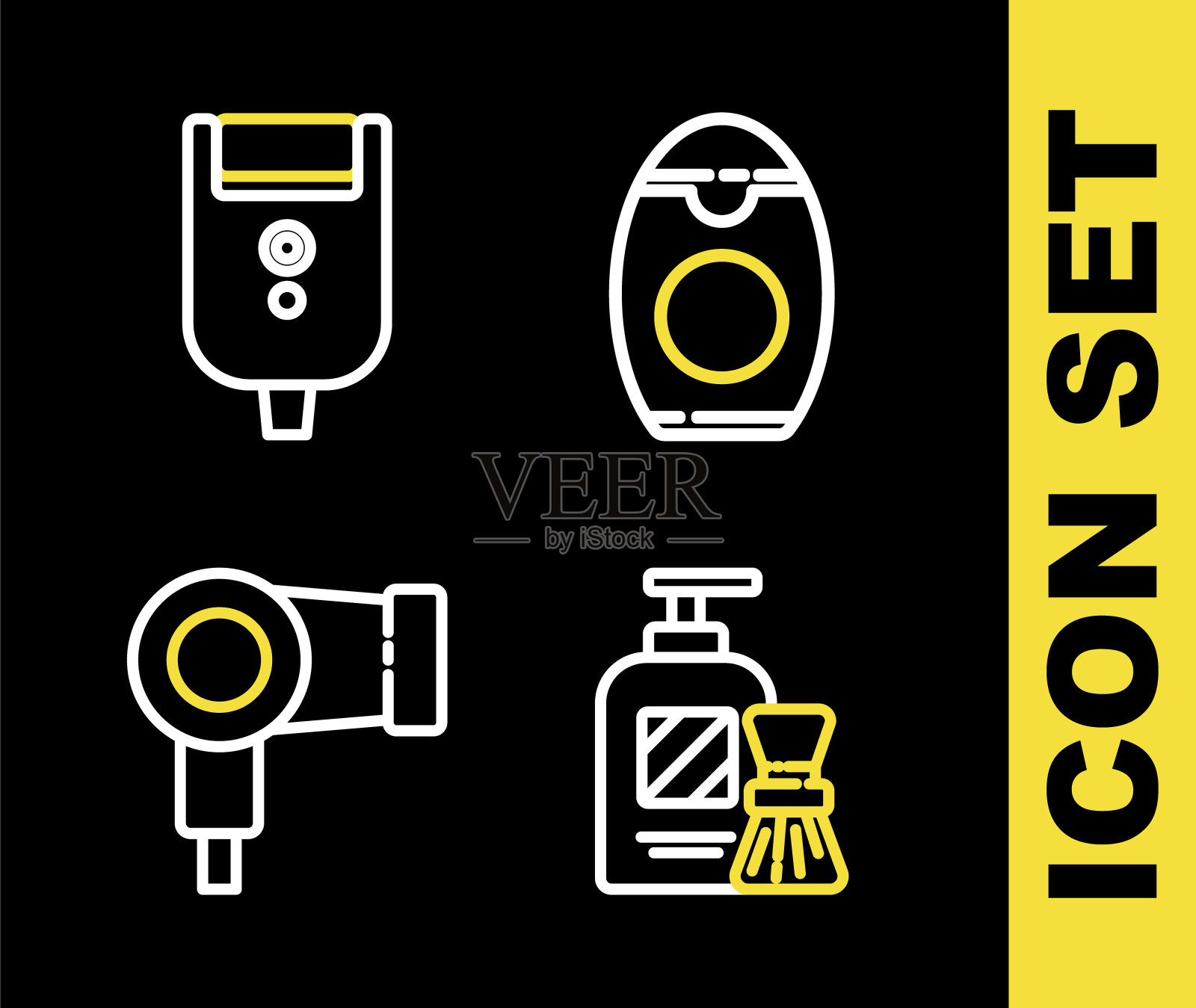 设定线瓶洗发水，剃须啫喱泡沫和刷子，吹风机和电动剃须刀片的男性图标。向量图标素材