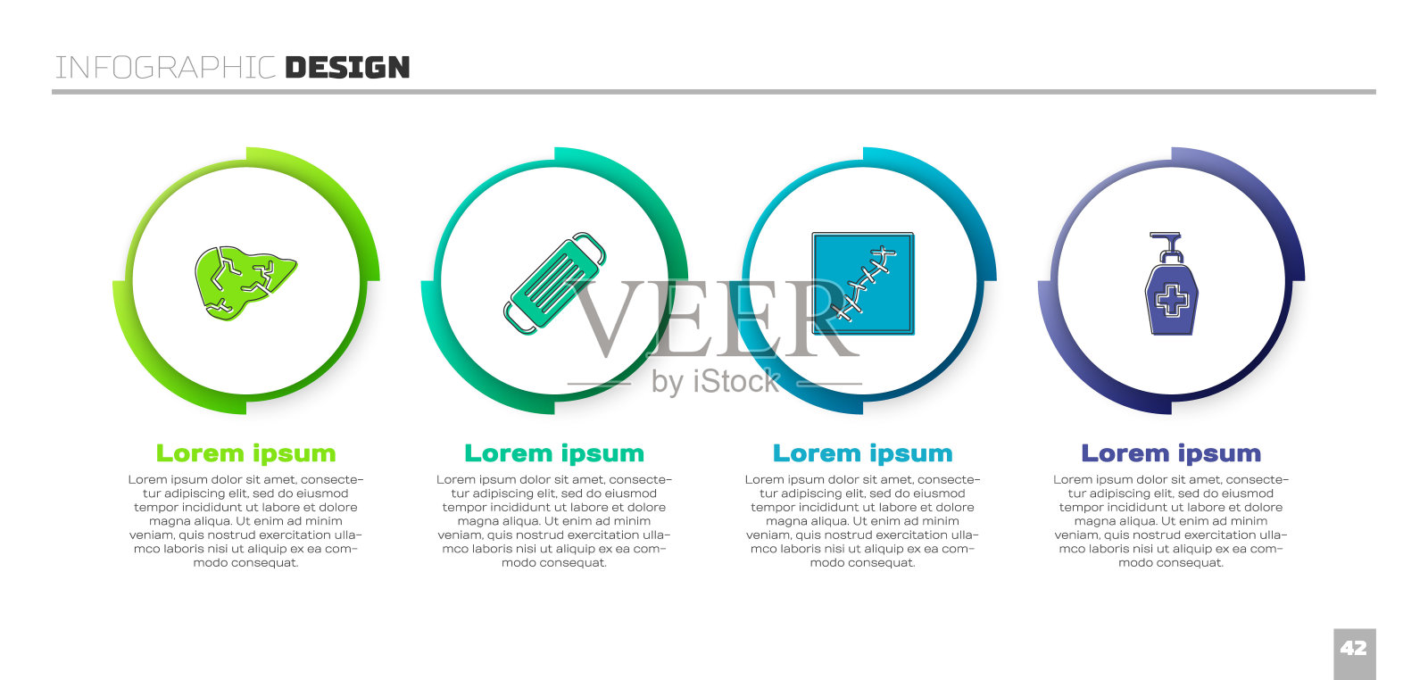套装肝炎病毒、医用防护口罩、疤痕带缝线、液体抗菌皂。业务信息图表模板。向量设计模板素材