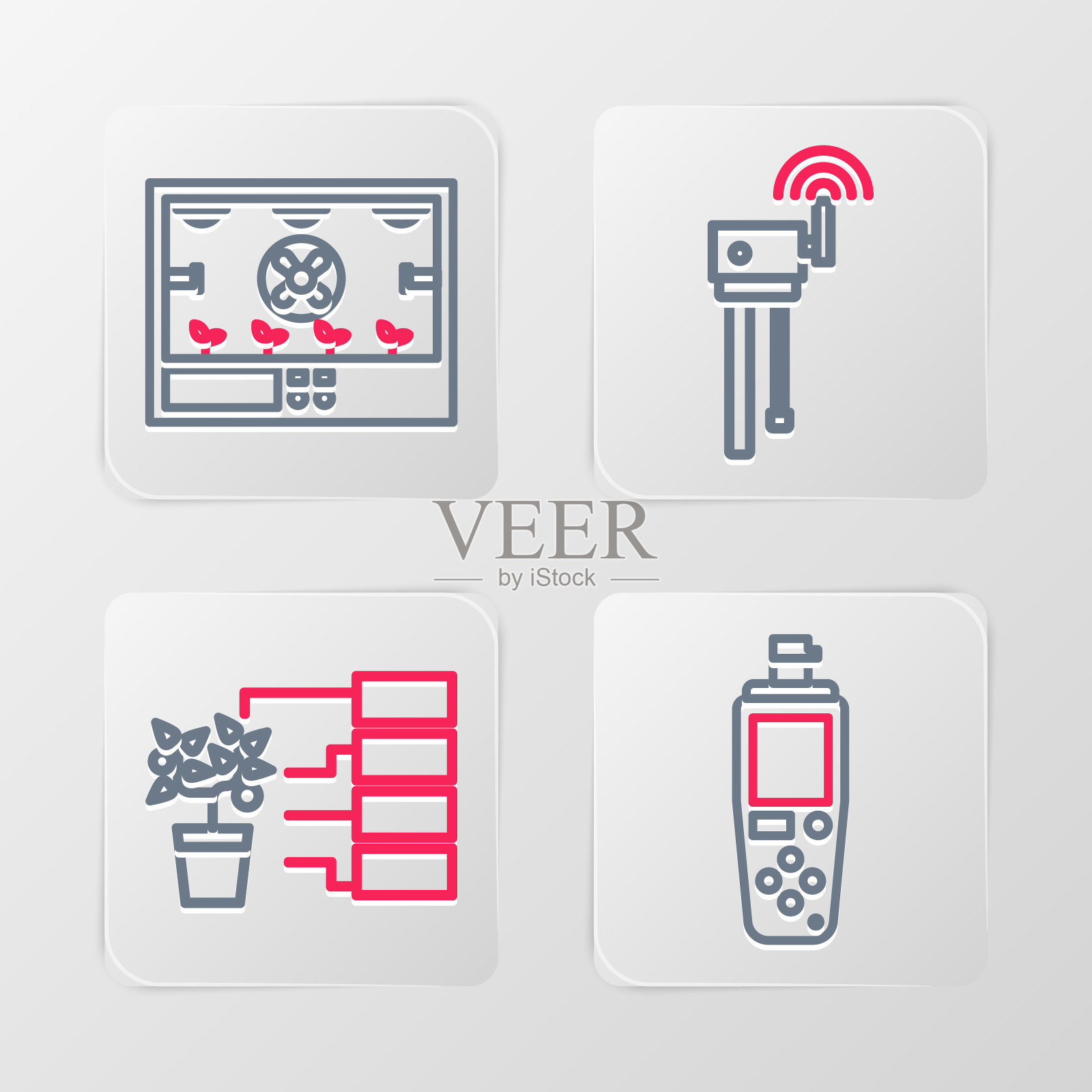 设置线便携式传感器，花卉分析，路由器和wi-fi信号和智能农业技术图标。向量图标素材