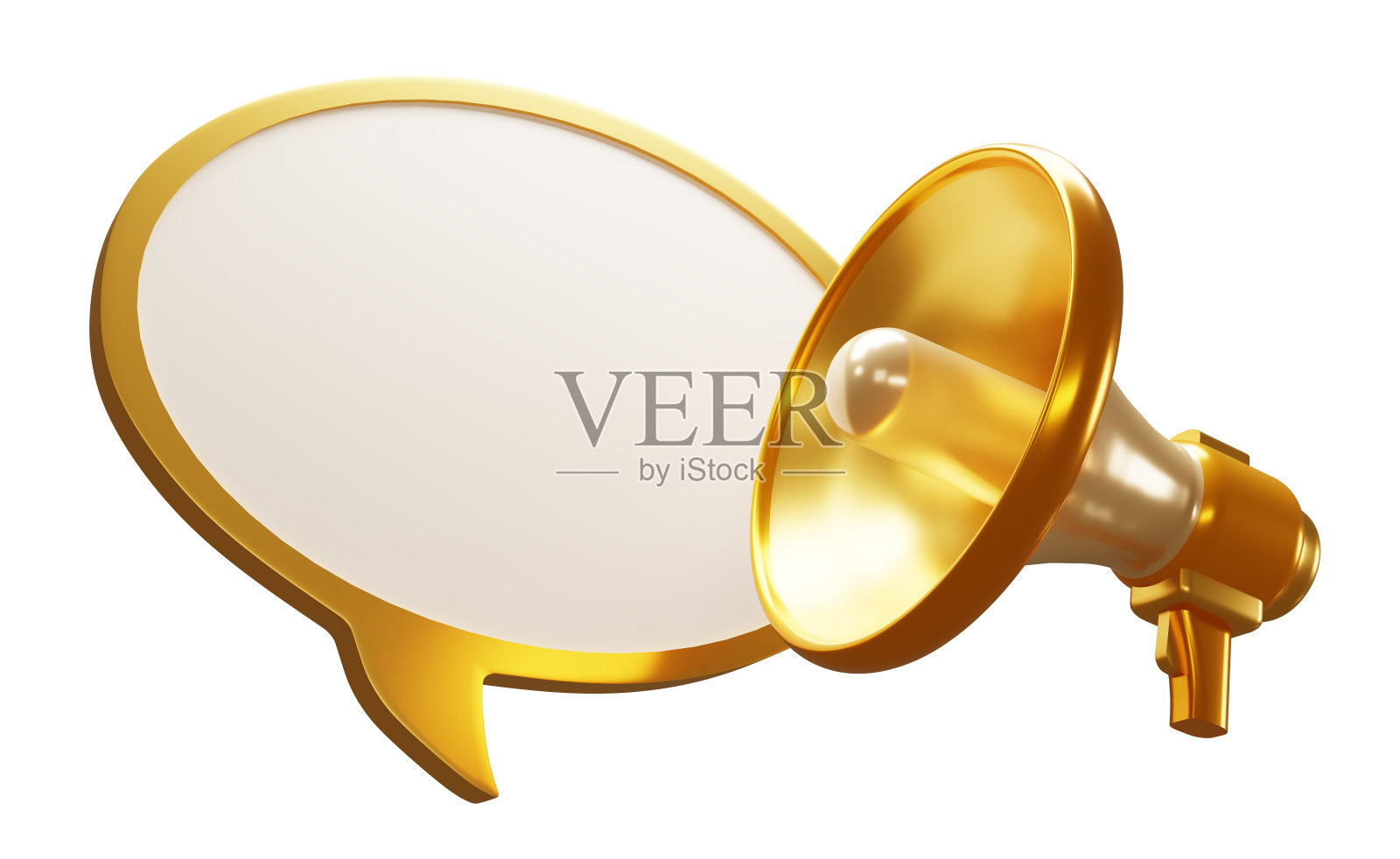 金色扩音器泡沫聊天文本隔离在白色背景。3D渲染金色磁传声器。Copyspace。3D渲染。照片摄影图片