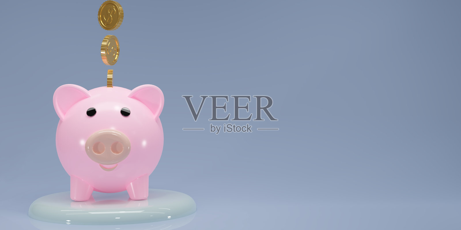 粉红色的小猪储蓄罐和下落的金币隔离在蓝色背景。储蓄投资理财，理财理念。增长，收入，储蓄，投资。财富的象征。商业上的成功。三维渲染照片摄影图片