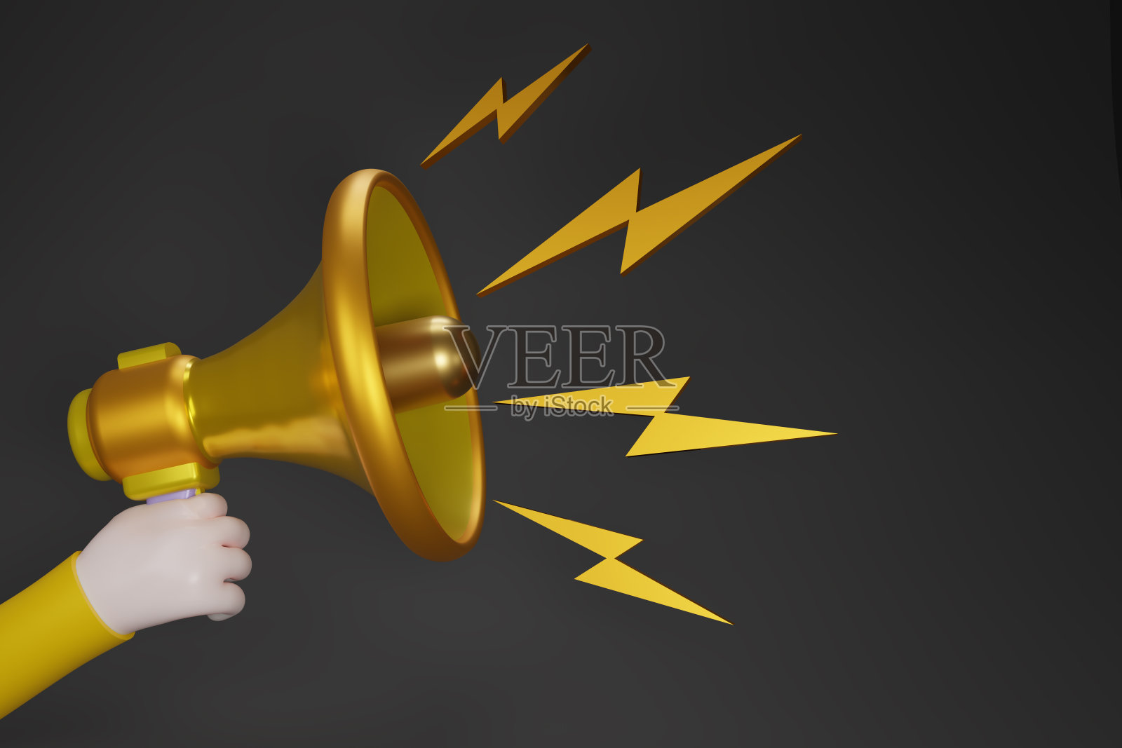 商人手持金色扩音器孤立在黑暗的背景下。金色的Magaphone，带有文本或信息的复制空间。3d渲染图。照片摄影图片