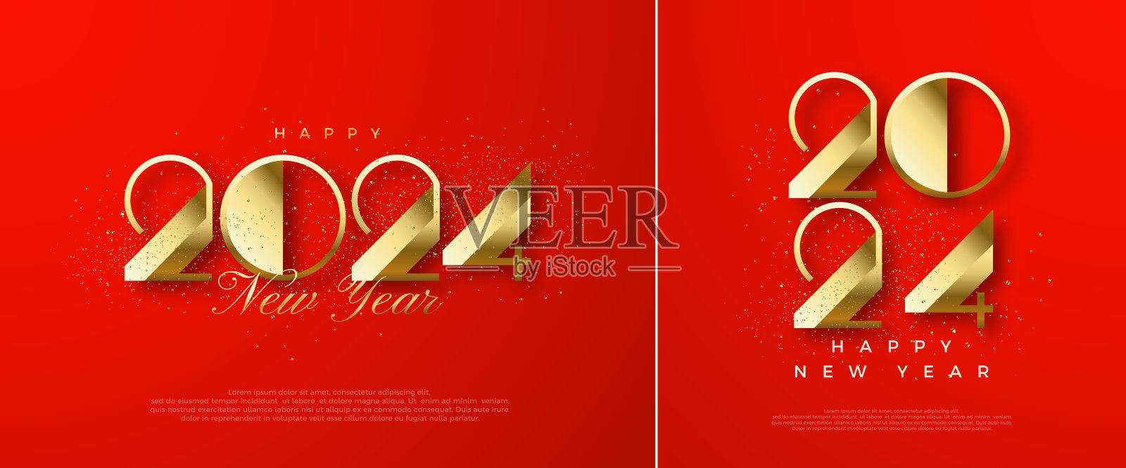 2024设计新年快乐。黑色背景，闪亮奢华的金色数字。矢量溢价问候，庆祝活动和欢迎新的一年2024。插画图片素材