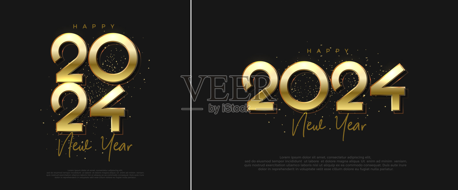 2024年设计新年快乐。黑色背景上有一个闪亮的金色数字。矢量背景溢价的问候和庆祝活动。插画图片素材