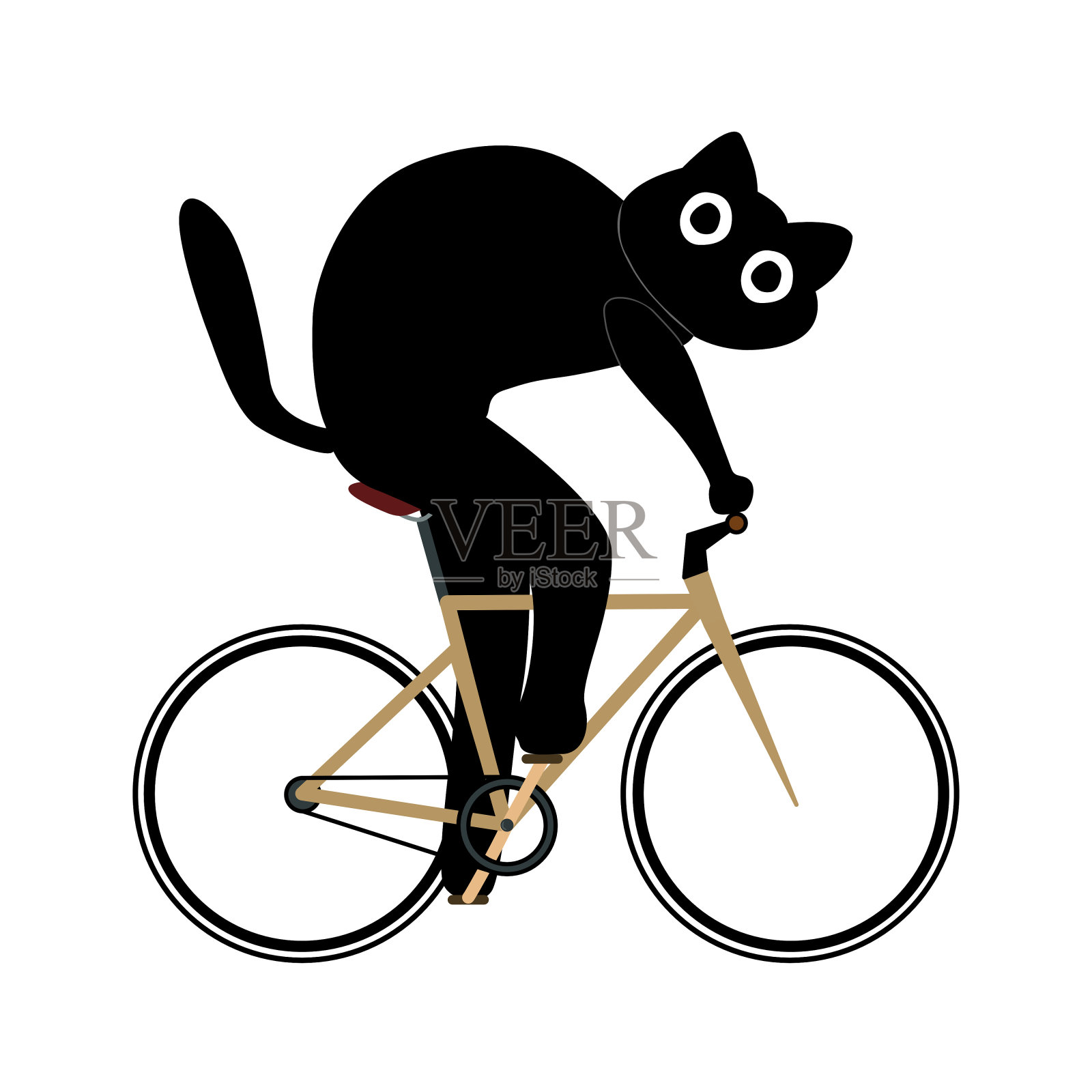 一只黑猫骑在自行车上。卡通黑猫骑自行车。手绘矢量插图隔离在白色背景插画图片素材