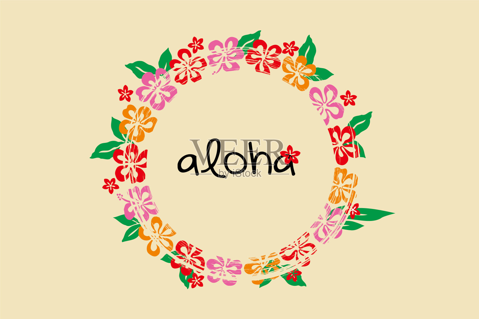 热带国家，夏季图像插图，默认木槿和叶子圆形花环。插画图片素材