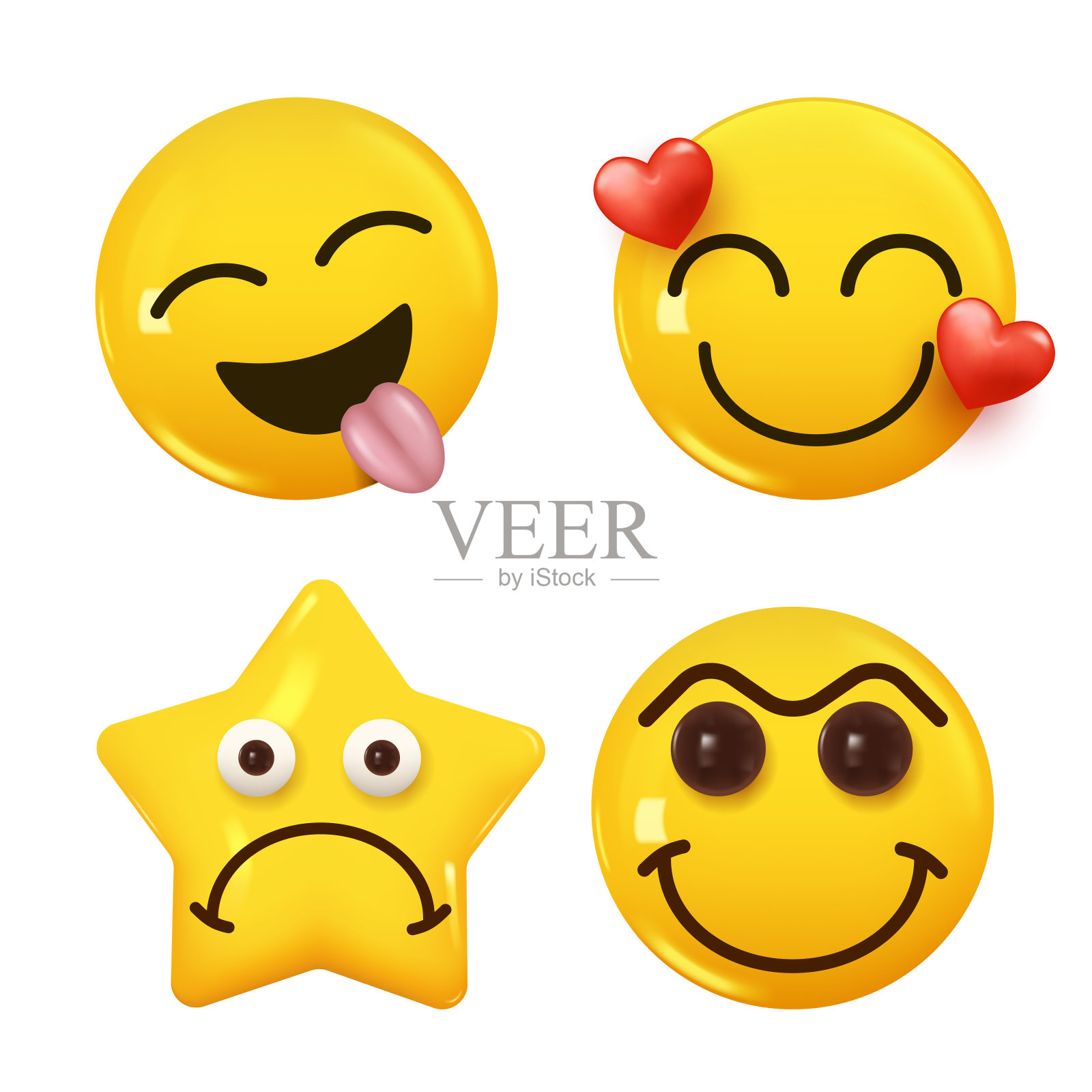 一套3d图标黄色微笑表情符号。设置图标微笑表情。向量图标素材