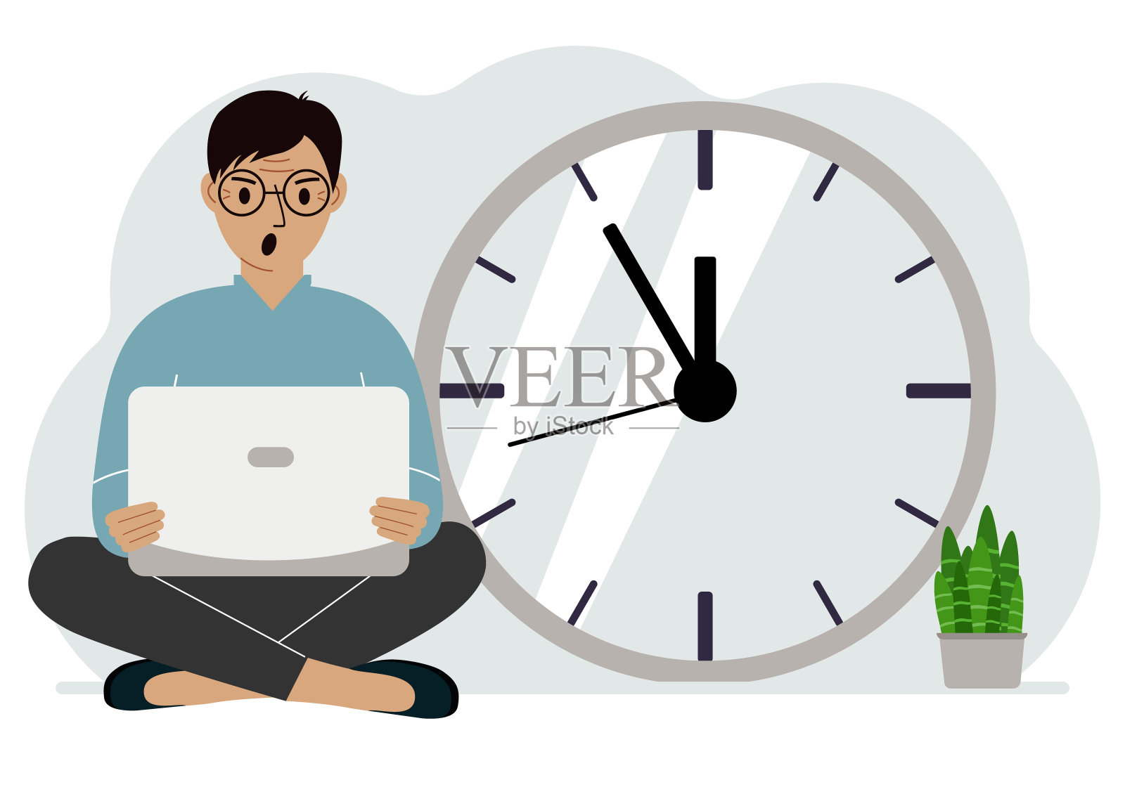 一个男人盘腿坐着，手里拿着一台笔记本电脑。在大钟旁边。时间管理理念，少时间，多时间，截止日期。插画图片素材