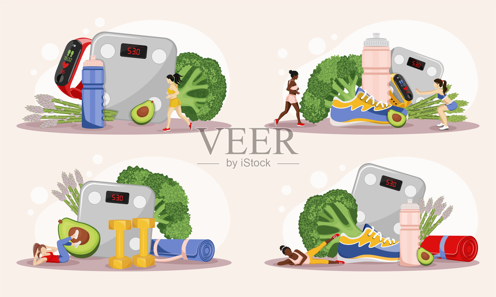 一组运动横幅，上面有女孩在运动，蔬菜和运动器材。插画图片素材