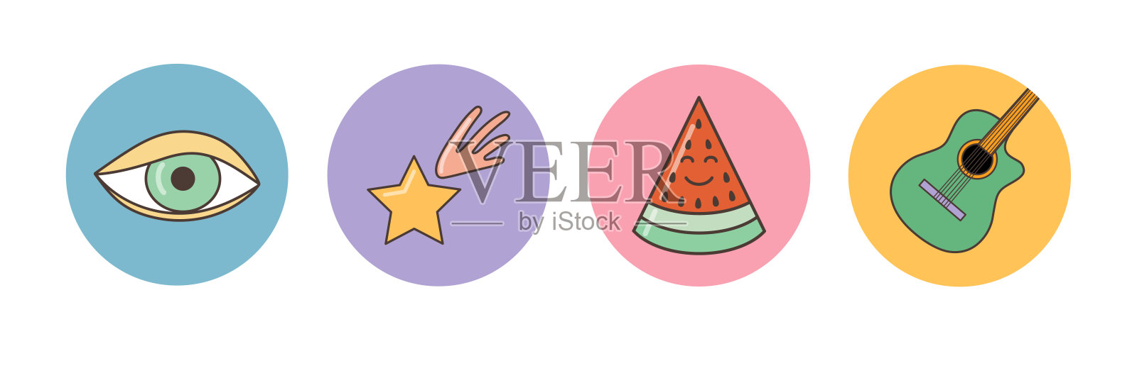 卡通眼睛、星星、西瓜、吉他图标矢量素材。70年代复古迷幻贴纸套装插画图片素材
