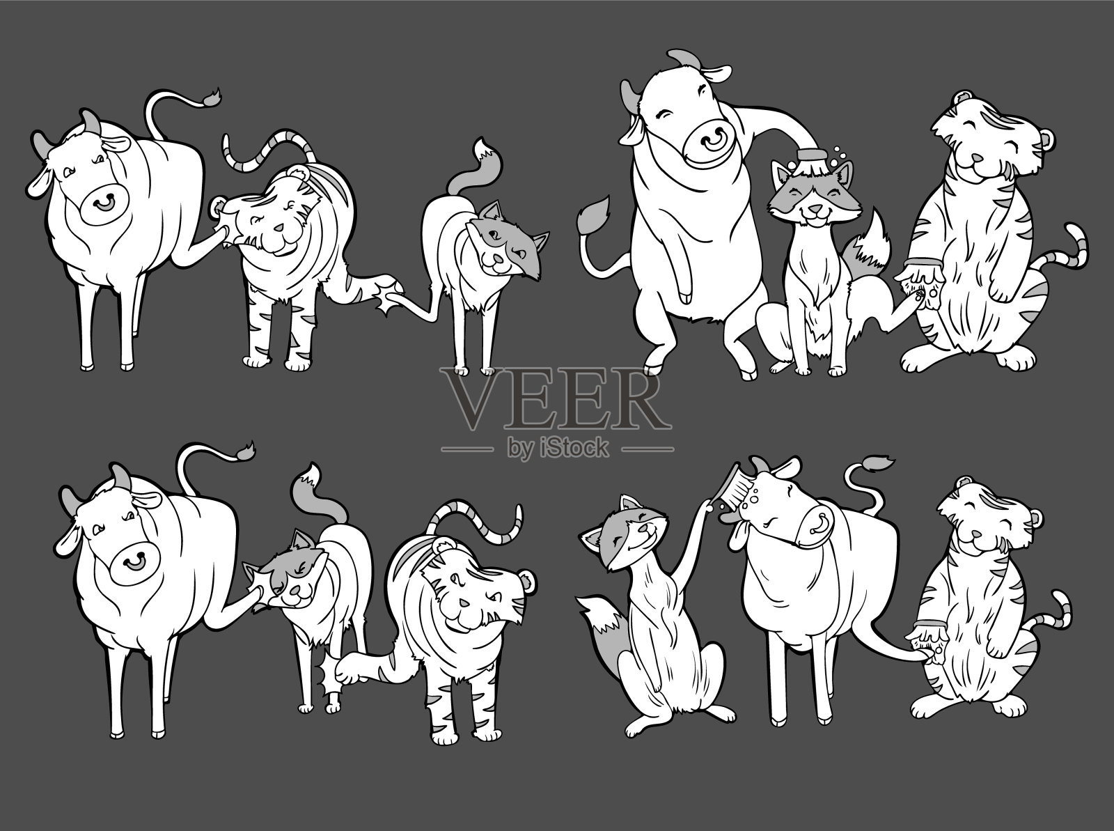 四动作三动物，牛-牛，老虎，狐狸设计元素图片