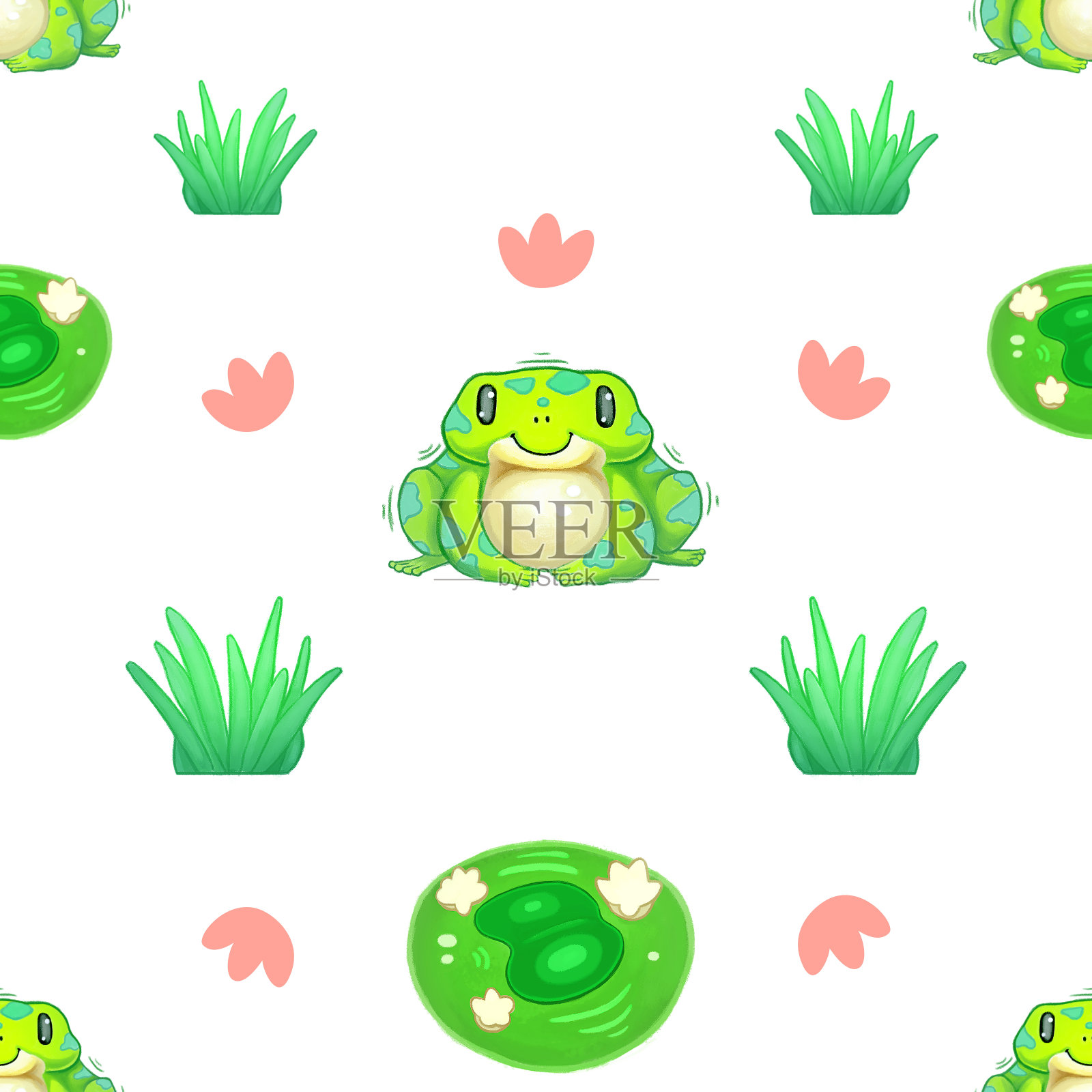一个绿色的青蛙和莉莉Pad模式的孩子插画图片素材