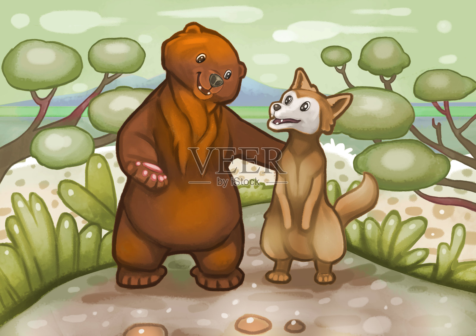 熊和胡狼在一起说话插画图片素材