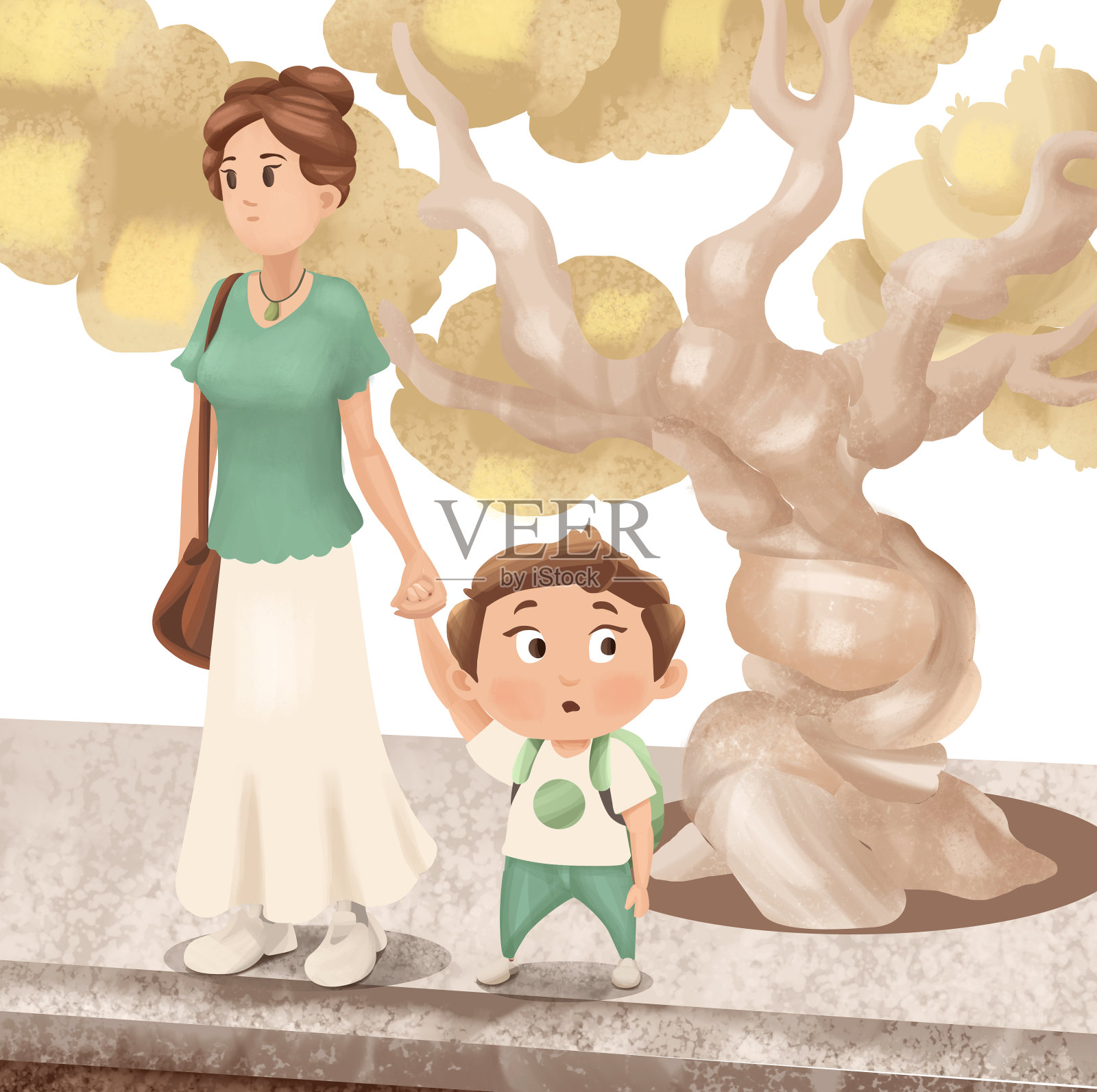 母亲牵着儿子的手的卡通插图插画图片素材