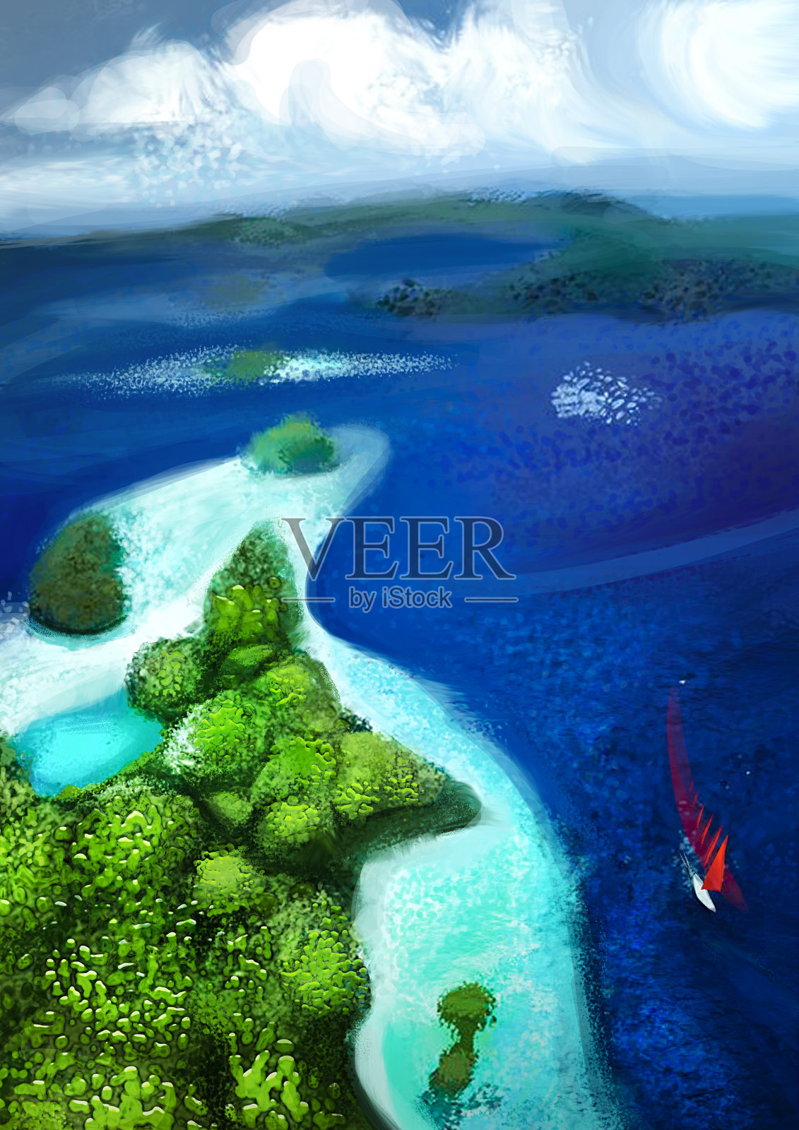 红色帆船通过海湾，田园诗的自然景观插图插画图片素材