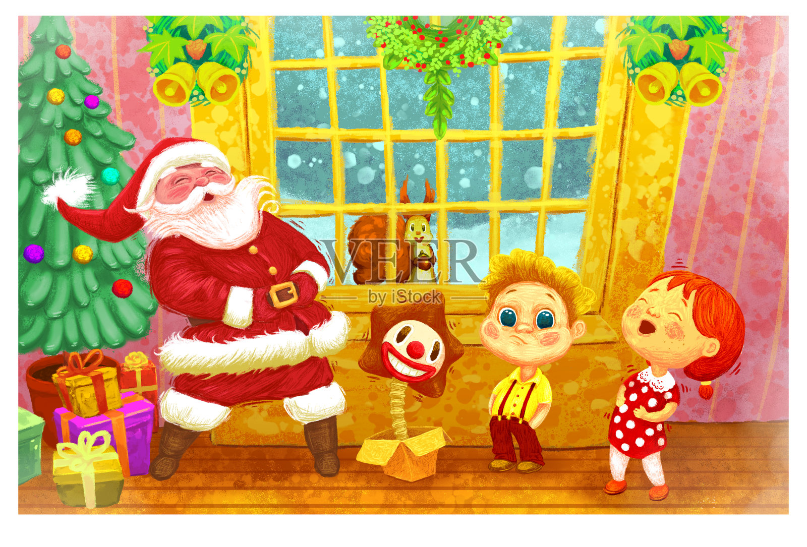 圣诞老人带着孩子们的礼物，笑着，快乐的诺埃尔概念设计模板素材