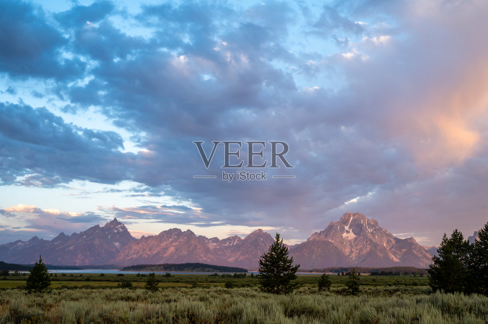 提顿山脉在柔和的晨光中从柳树公寓发出粉红色的光照片摄影图片