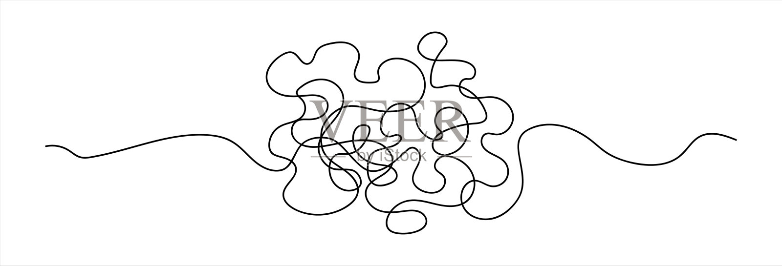 复杂方式的矢量符号用潦草的圆形元素，混沌符号，通过方式的直线箭头与线索或纠结球在中心。矢量10 eps。插画图片素材