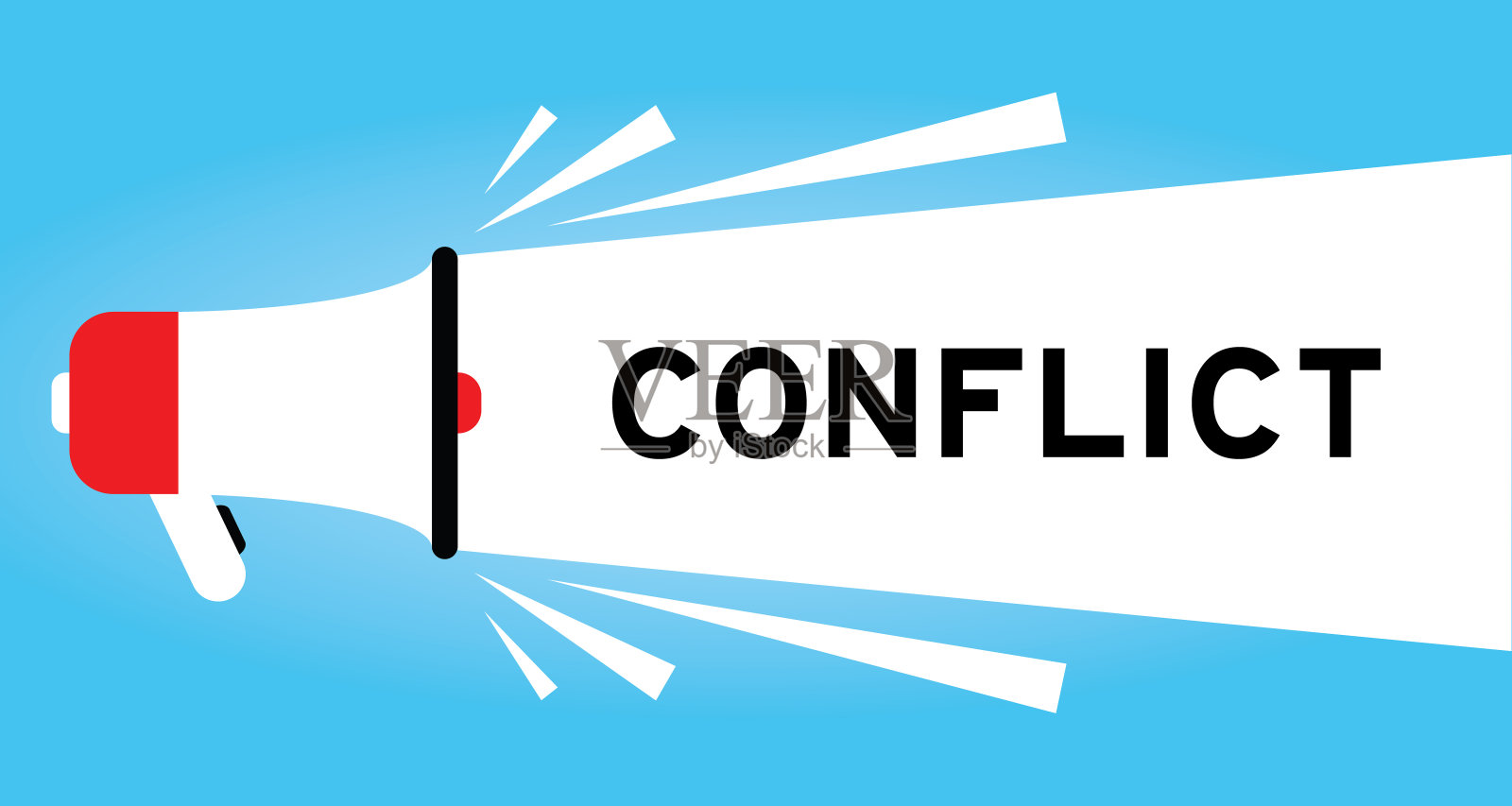 彩色扩音器图标与字冲突在白色横幅上的蓝色背景插画图片素材