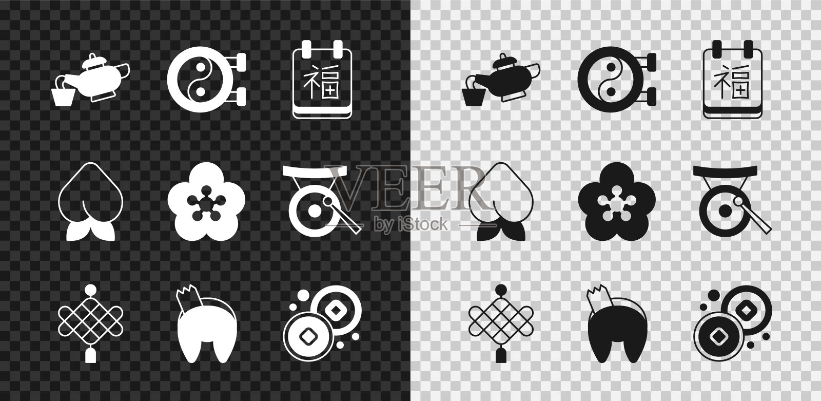 集中国茶道，阴阳符号，新年，纸灯笼，幸运饼干，元货币，桃果油桃和莲花图标。向量图标素材