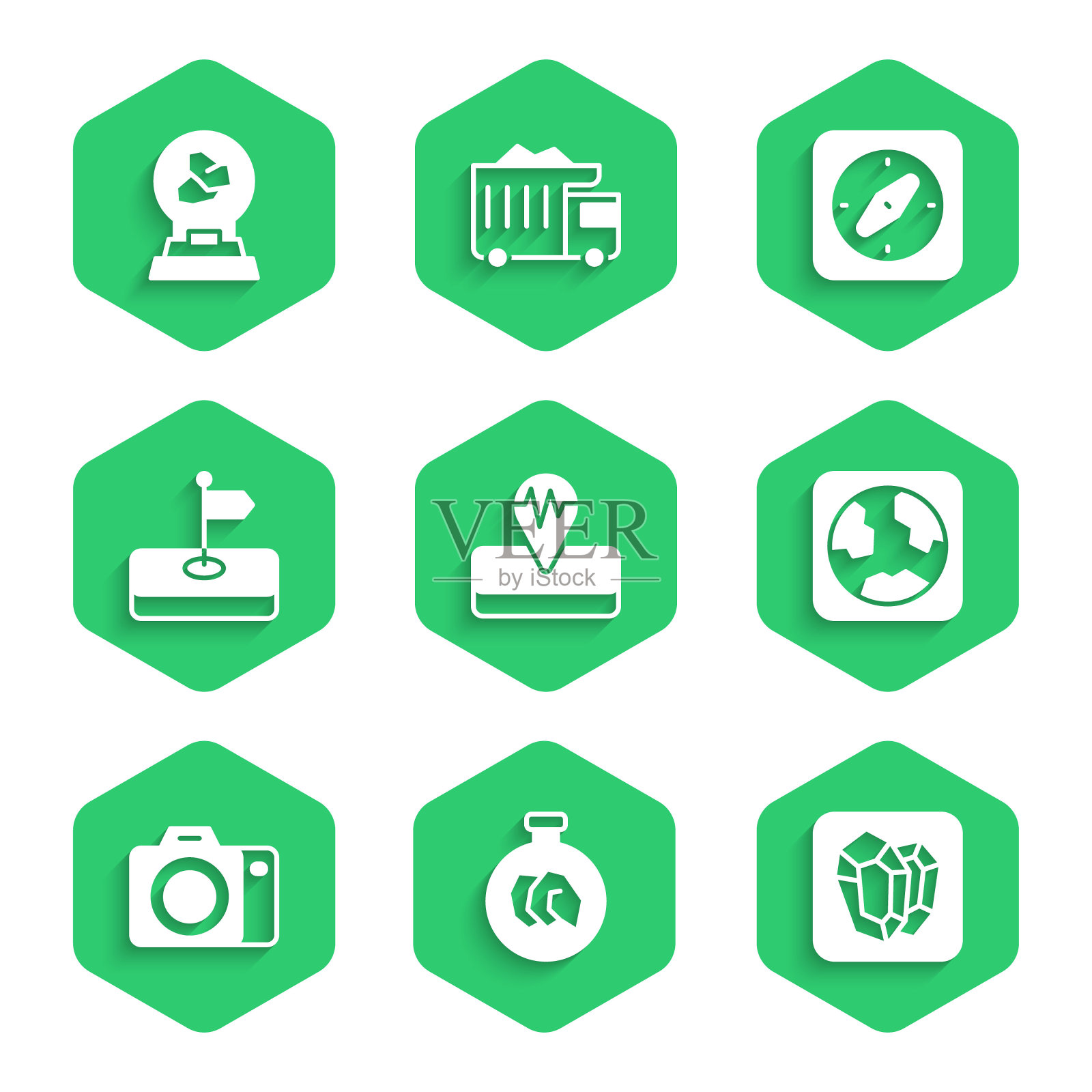 集地震，展览与矿物，岩石，宝石石，地球仪，照相机，国旗，指南针和图标。向量图标素材