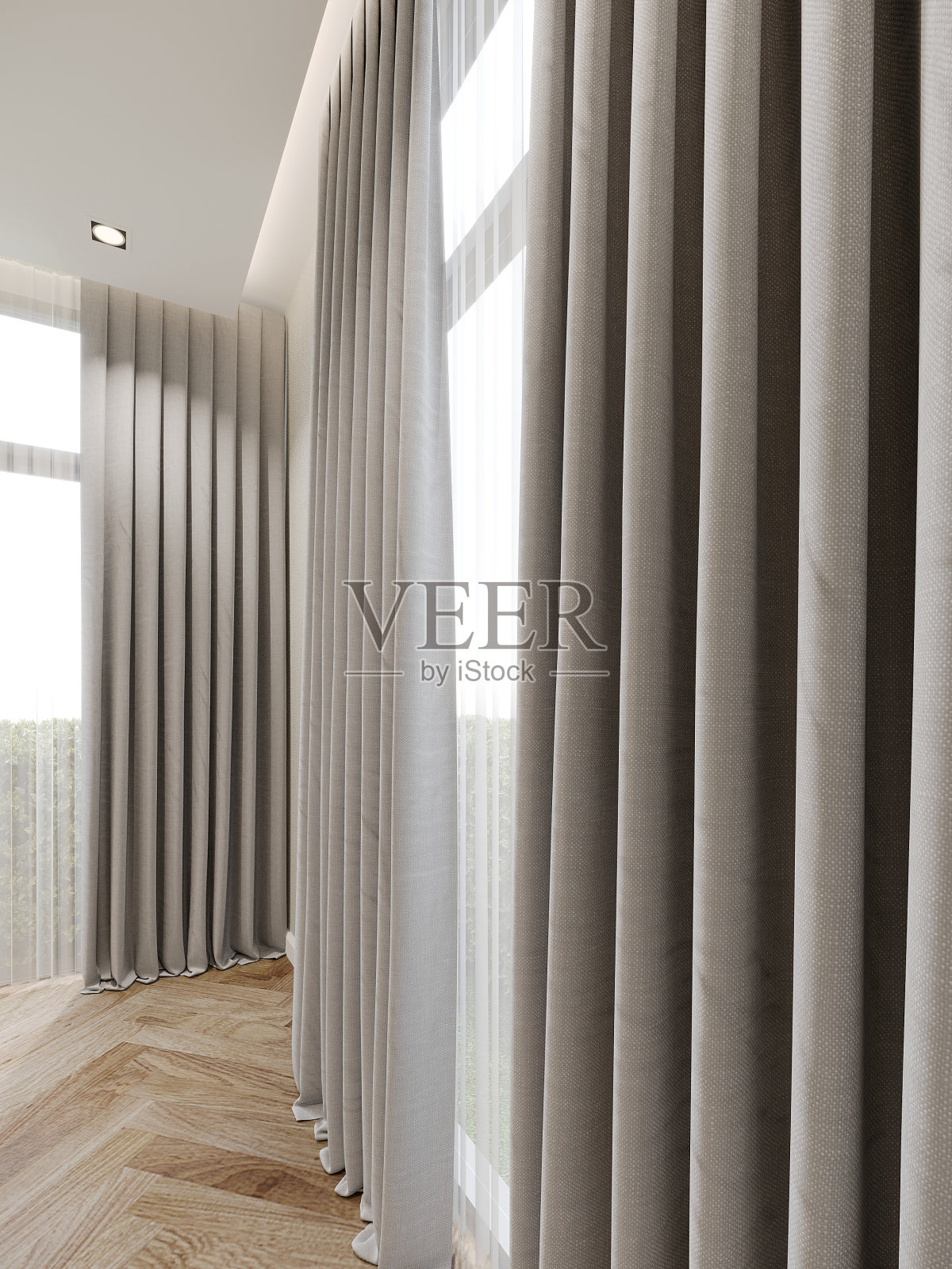白色房间的灰色窗帘，3d渲染照片摄影图片