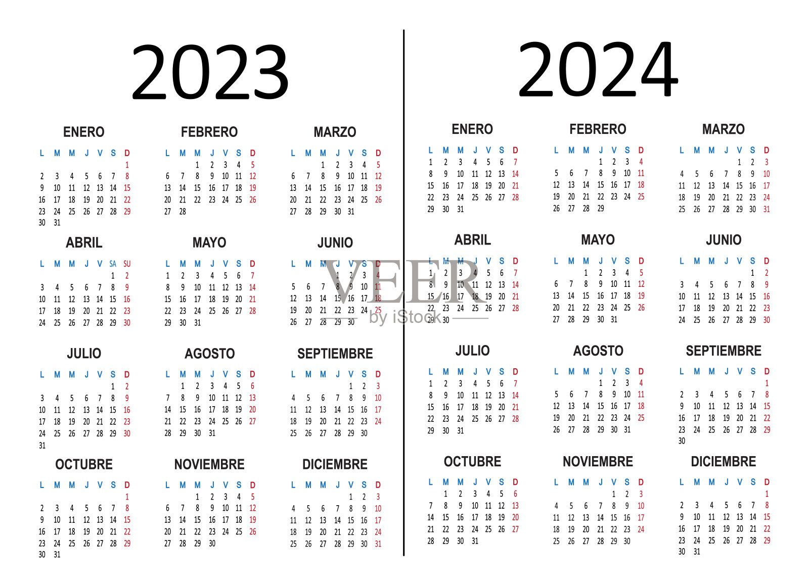西班牙日历2023年2024年。下周一开始。向量插画图片素材
