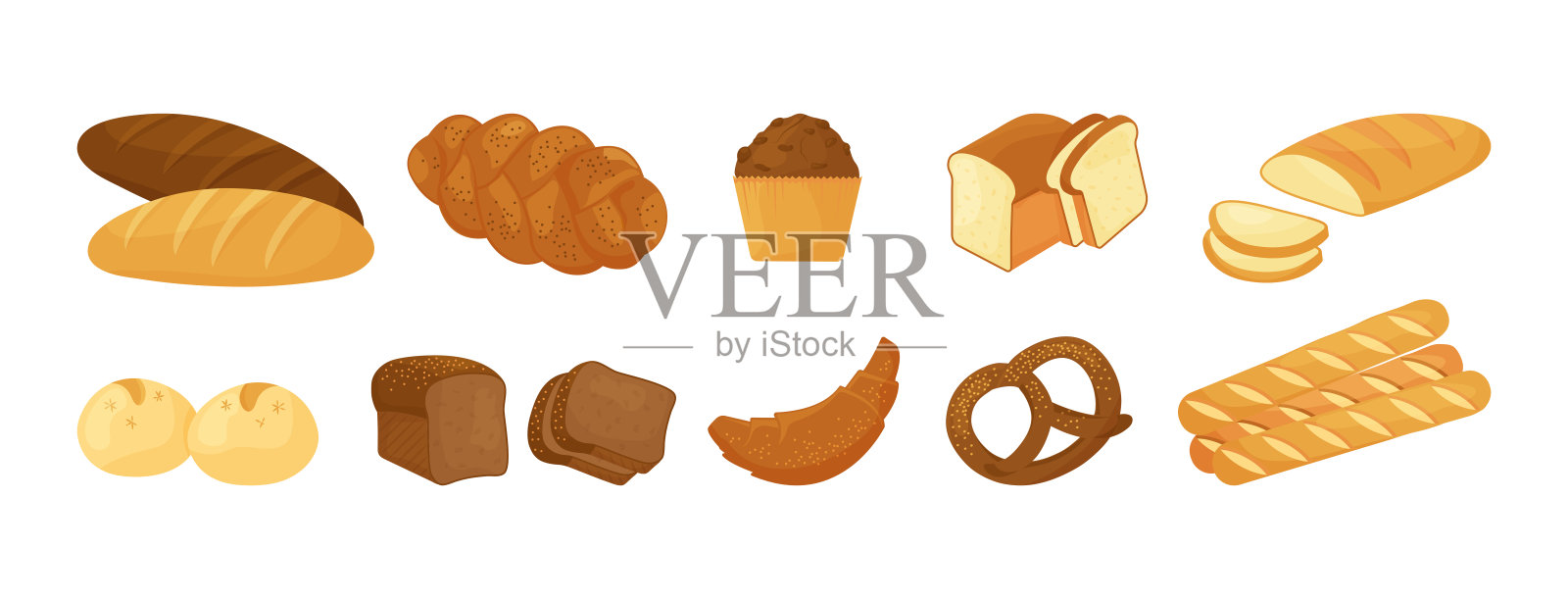 CCartoon矢量面包，烘焙糕点产品。食品说明插画图片素材