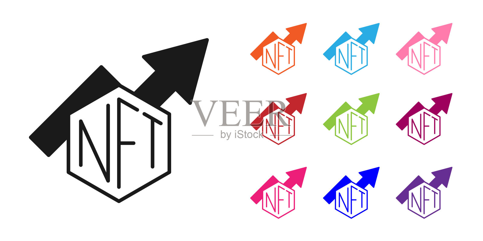 黑色NFT增长条形图图标孤立在白色背景。不可替代的令牌。数字加密艺术概念。设置图标彩色。向量插画图片素材