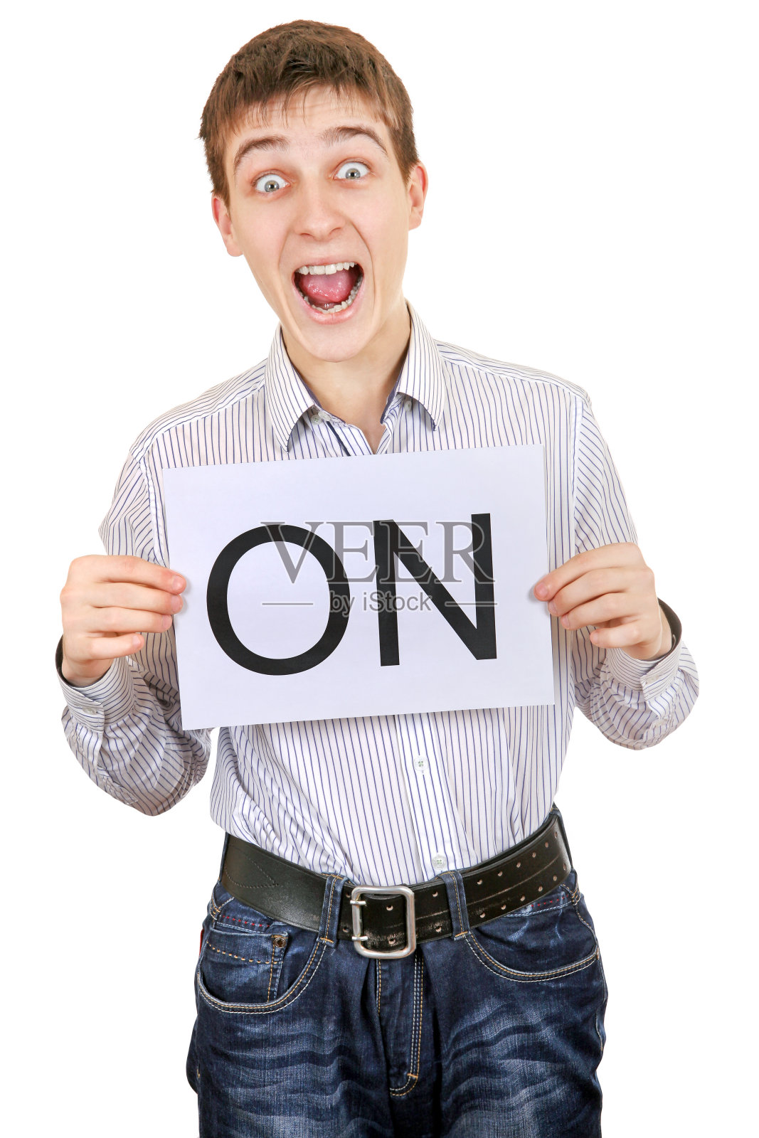 欢快少年执口号上照片摄影图片