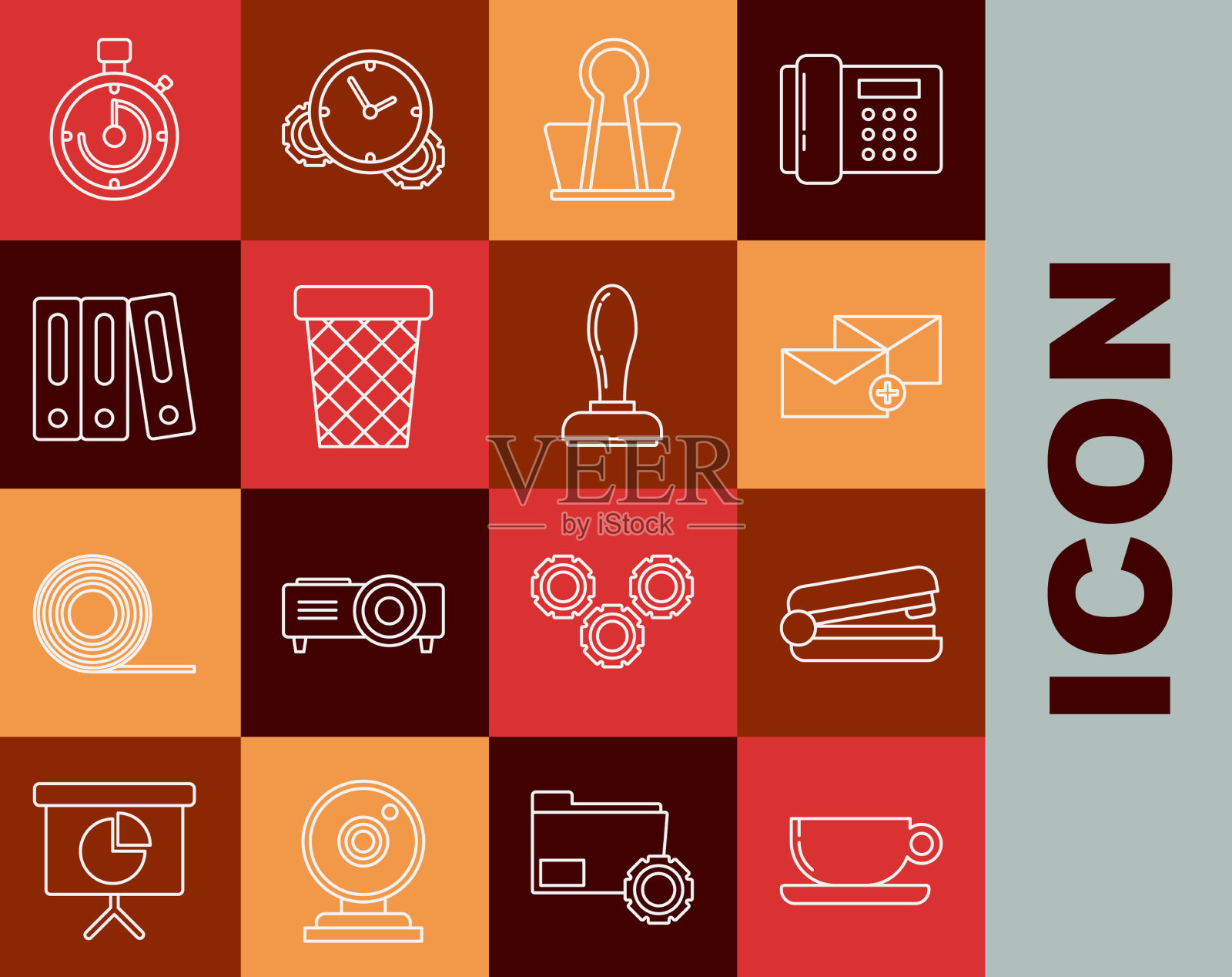 设置线咖啡杯平面办公订书机信封图标素材