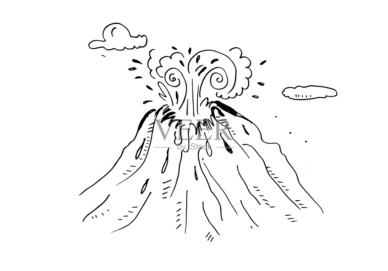 火山、熔岩、喷发、山体手绘。矢量图像，黑色墨水，孤立在白色背景上，图形说明。插画图片素材