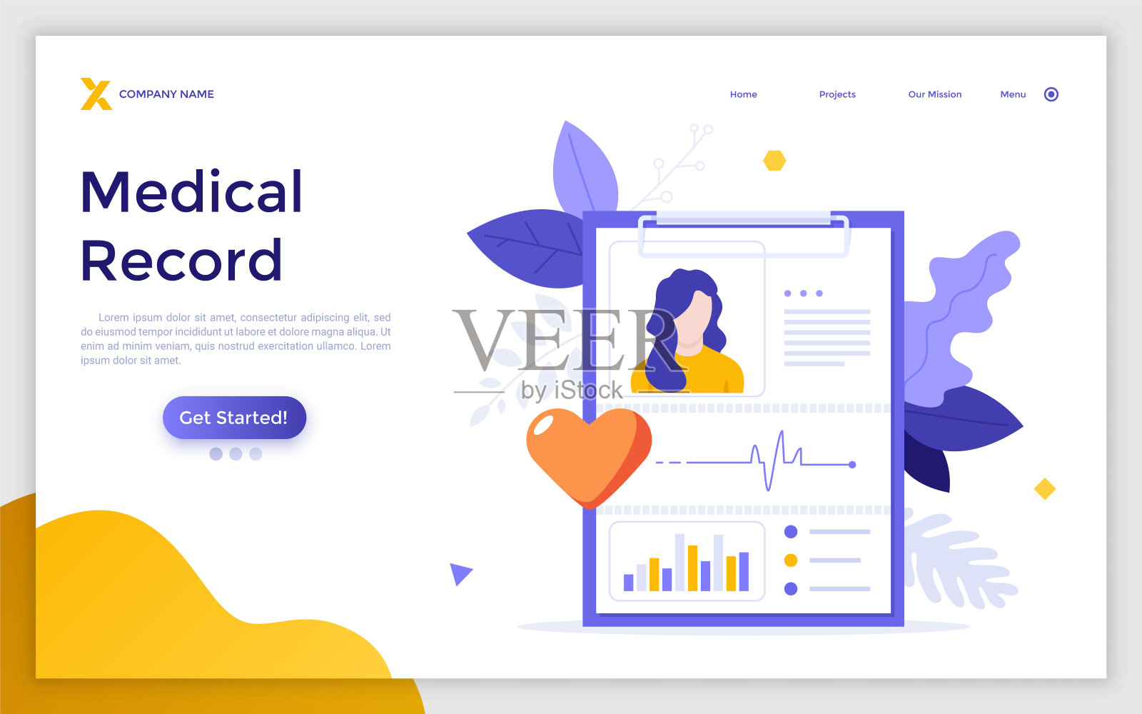 登陆页模板，上面有平板电脑或书写板，上面有病人的诊断。病案概念、监测诊断、健康指标。现代平面矢量插图的网站。设计模板素材