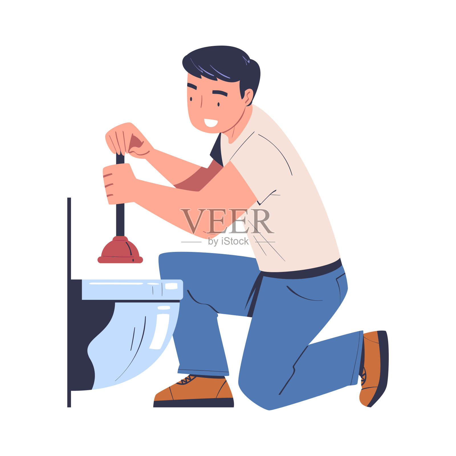 男子水管工清洗管道或排水与柱塞矢量插图插画图片素材