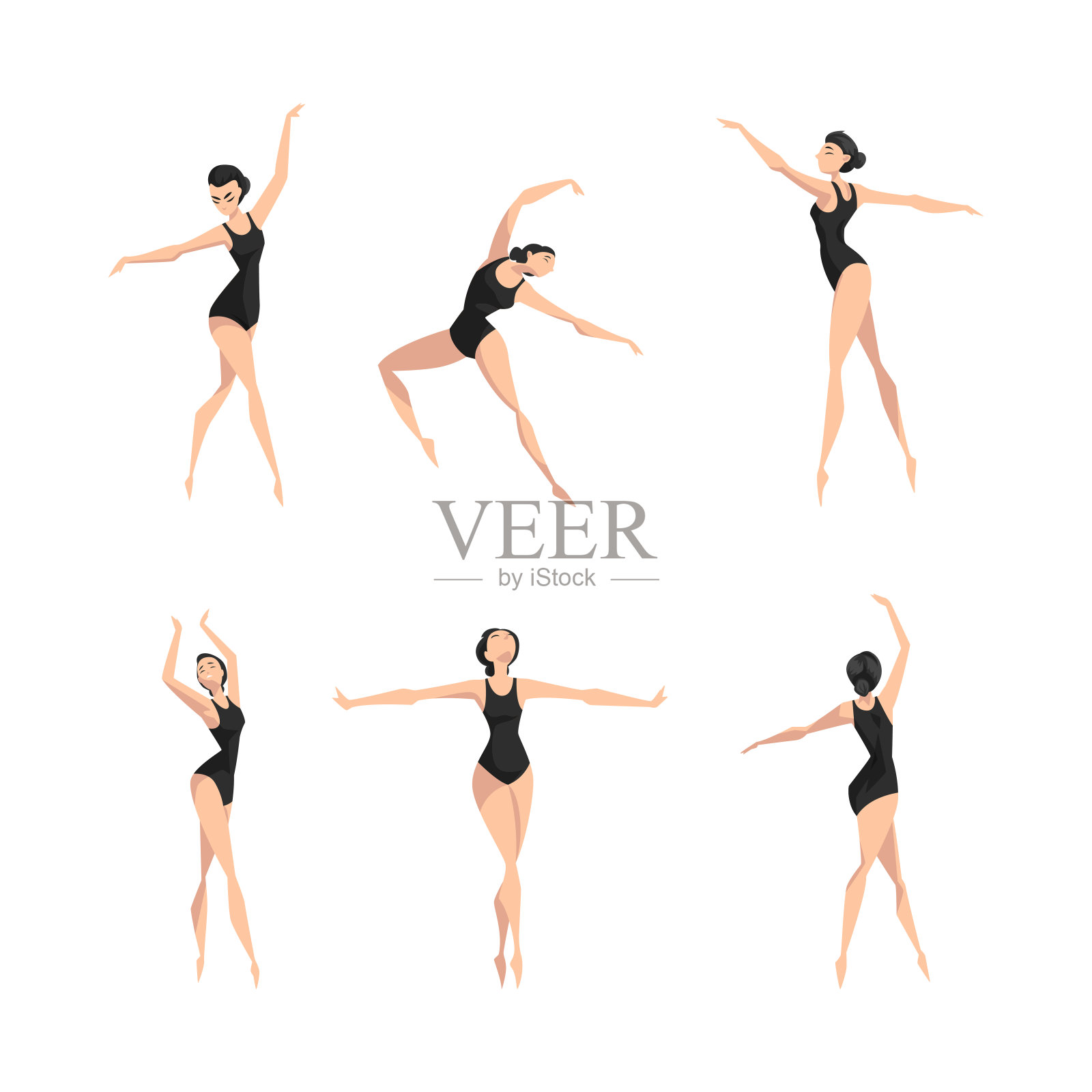 年轻美丽的女芭蕾舞演员在黑色紧身衣在不同的姿态矢量集插画图片素材