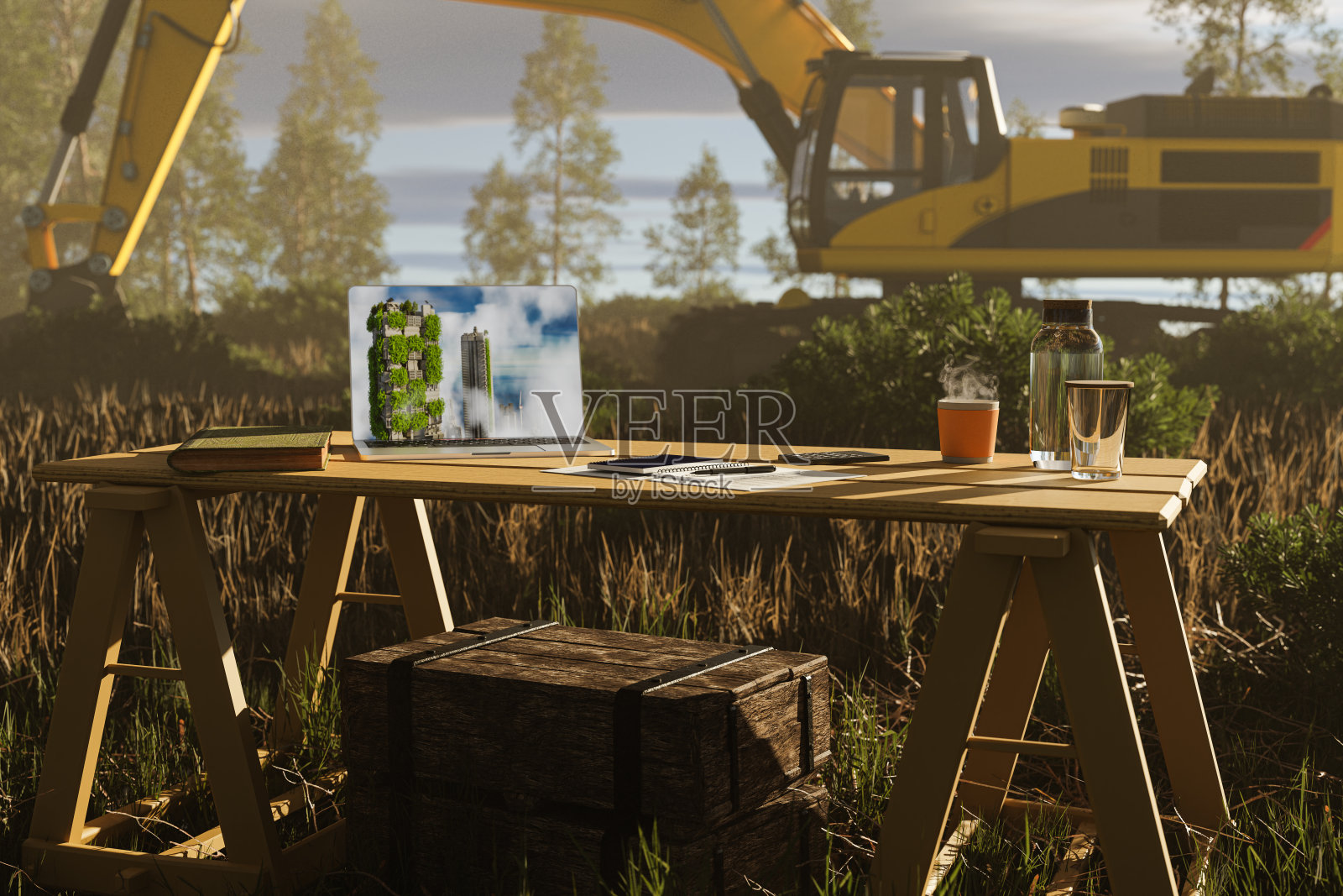 在绿色工作场所规划绿色建筑- 3D插图照片摄影图片