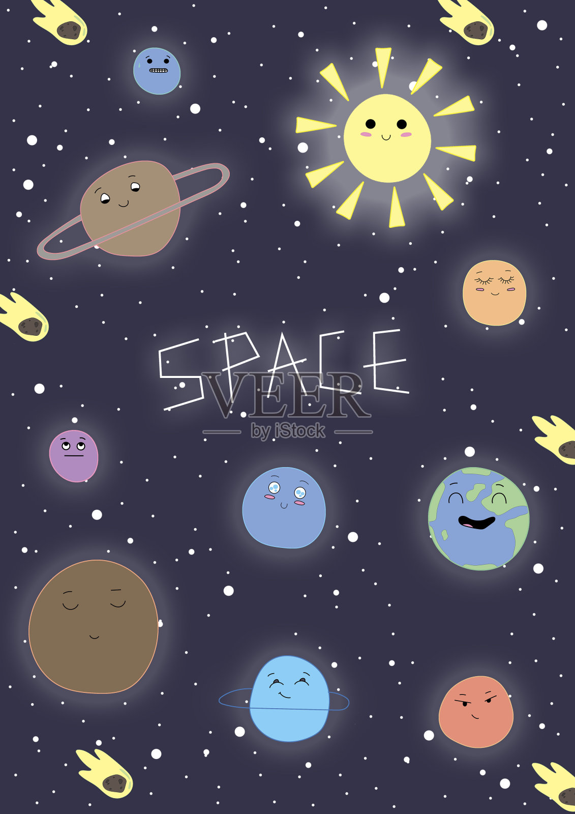 幼儿园设计空间海报。空间对象和字符矢量插图。儿童插图的婴儿服装，贺卡，包装。外星人，宇航员，火箭，行星。插画图片素材