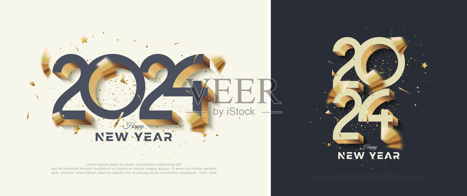 3d设计2024年新年快乐，优雅奢华的金色数字。为横幅，海报，日历和社交媒体的高级矢量设计。插画图片素材