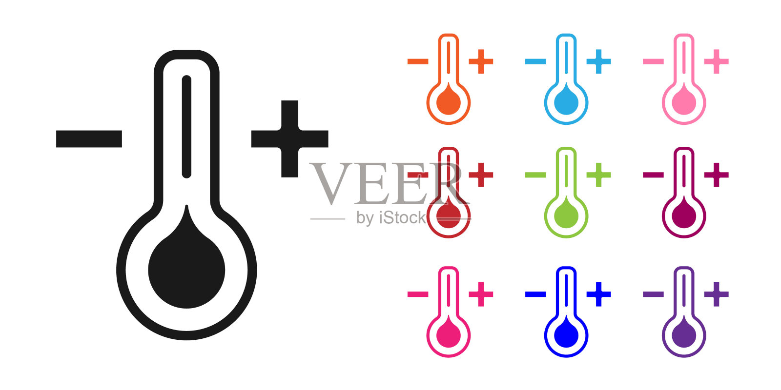黑色气象温度计测量图标孤立的白色背景。温度计设备显示热或冷的天气。设置图标彩色。向量图标素材