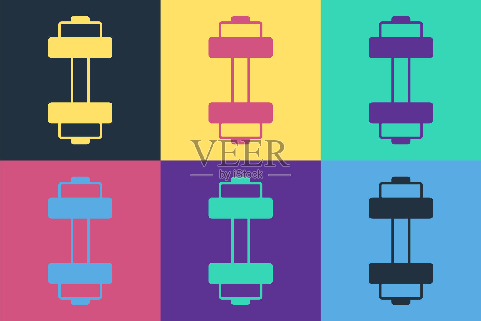 流行艺术哑铃图标孤立的彩色背景。肌肉提升图标，健身杠铃，健身房，运动器材，锻炼哑铃。向量插画图片素材