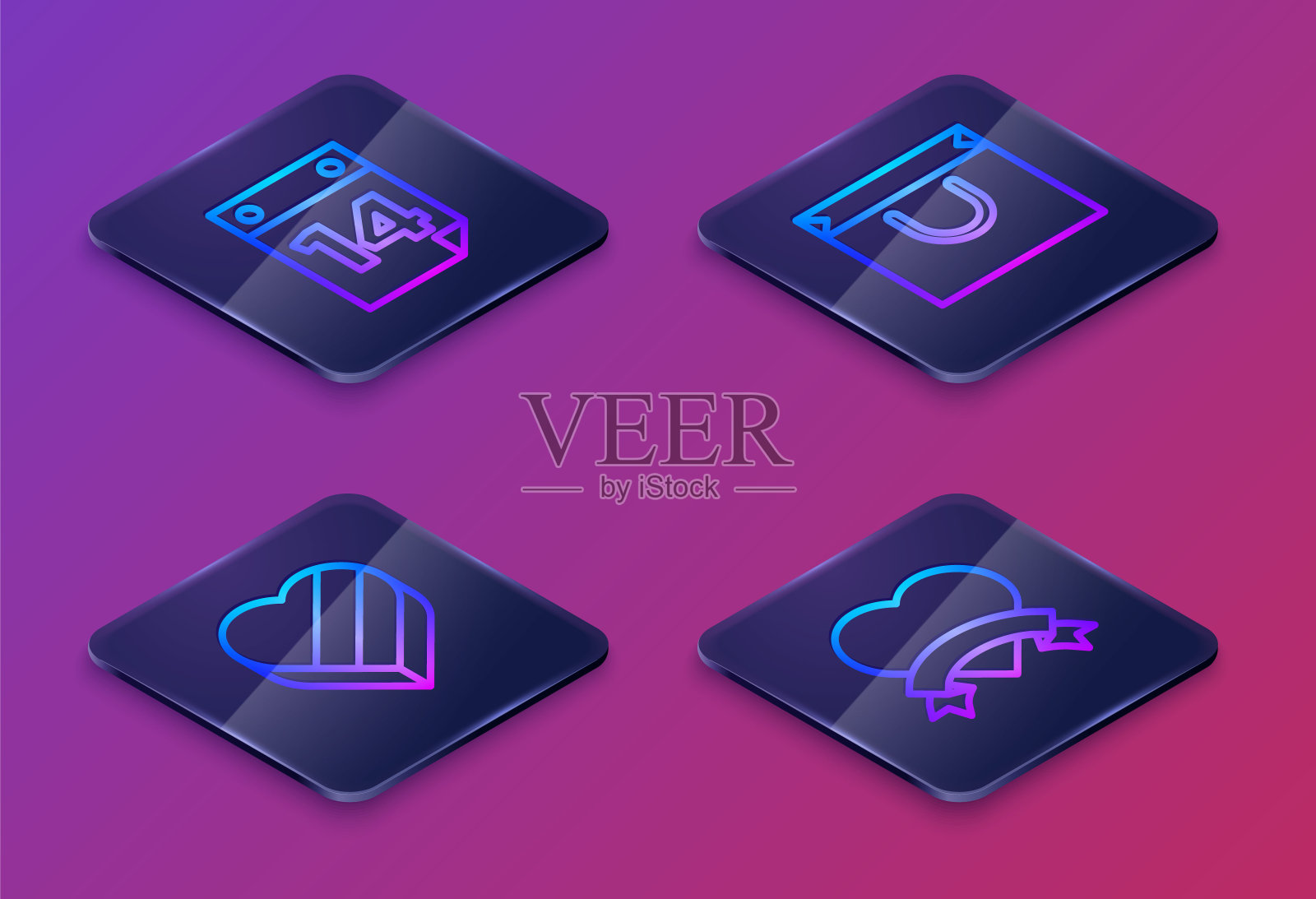 设置2月14日等距线日历，糖果在心形盒子，购物袋和心。蓝色方形按钮。向量插画图片素材